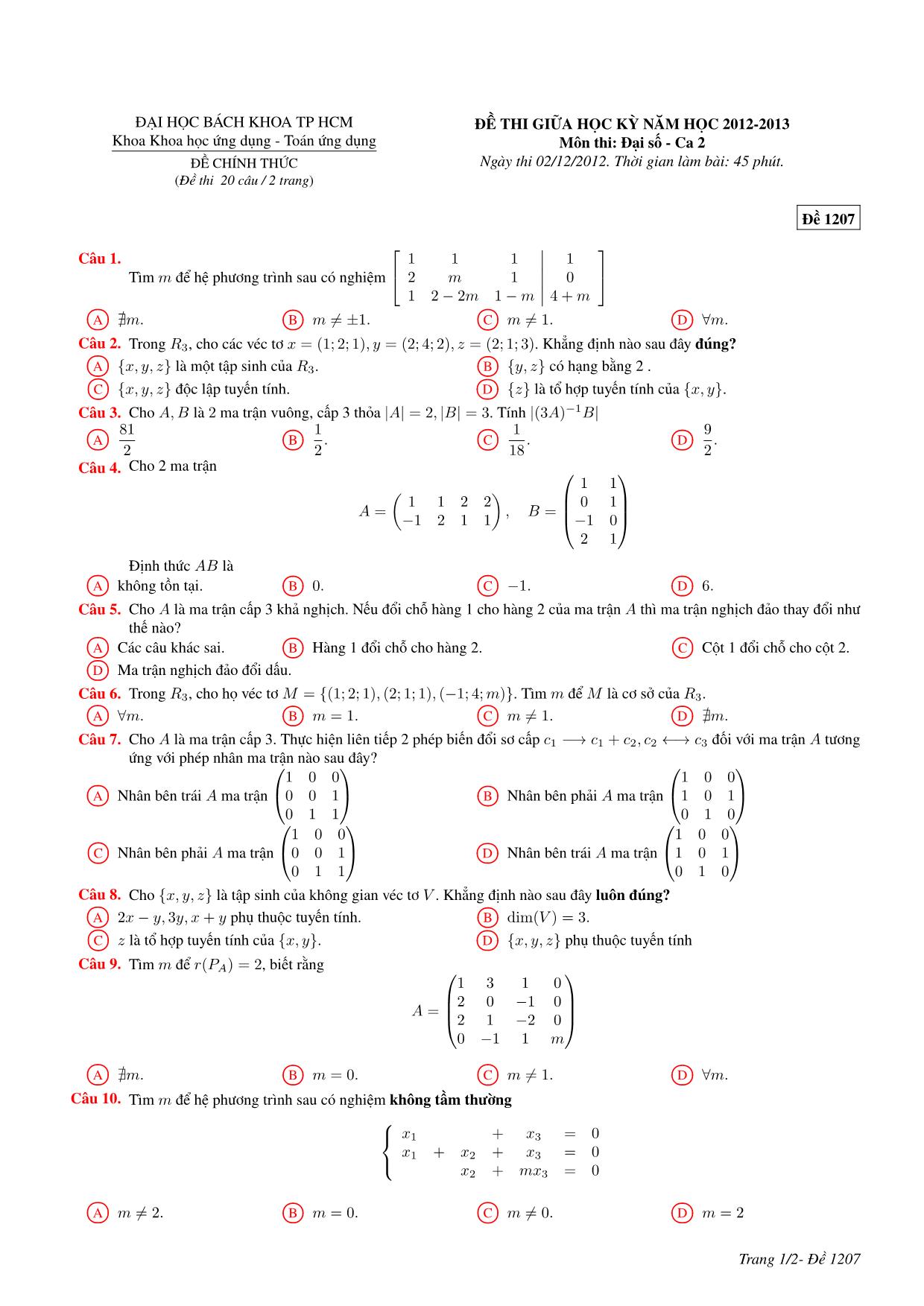 3 Đề thi giữa học kỳ môn Đại số - Ca 2 - Năm học 2012-2013 - Đại học Bách khoa thành phố Hồ Chí Minh (Có đáp án) trang 4
