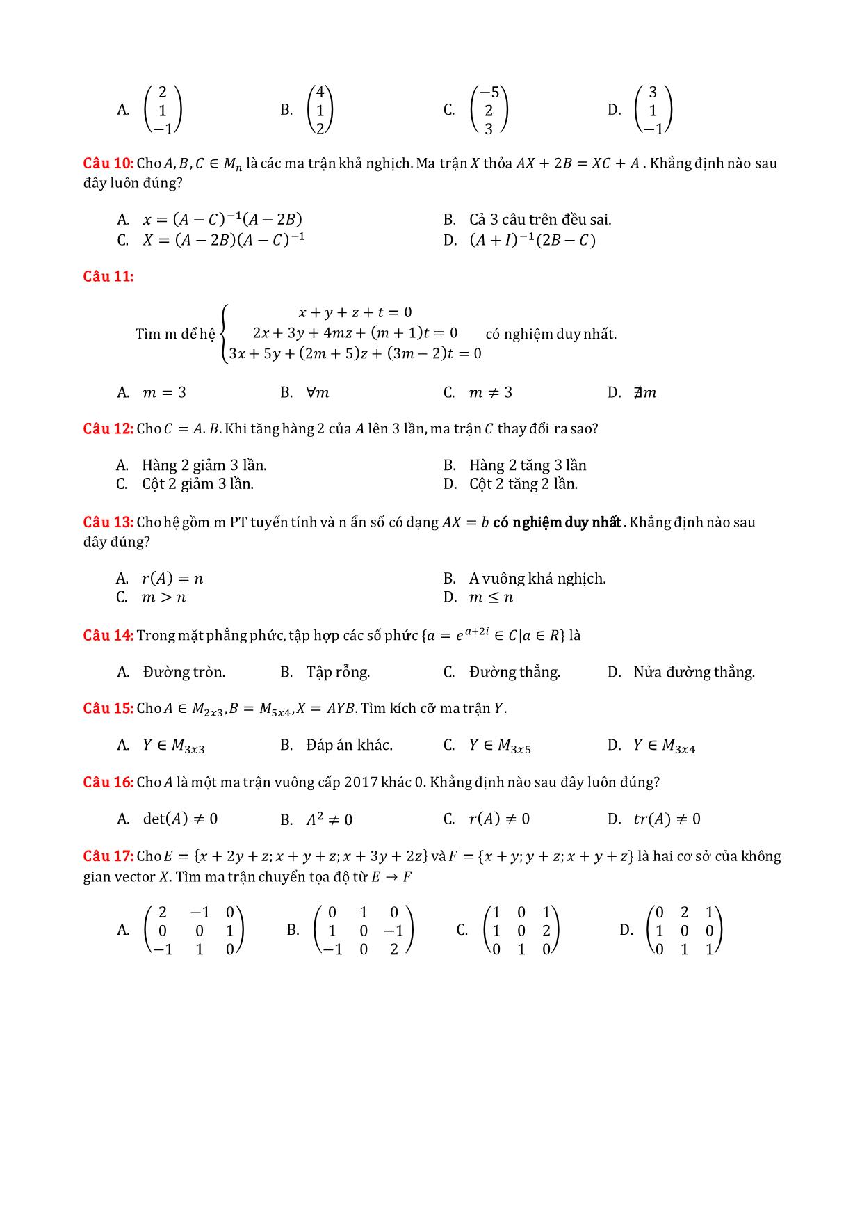 Đề thi giữa học kỳ môn Đại số tuyến tính - Ca 2 - Năm học 2017-2018 - Đại học Bách khoa thành phố Hồ Chí Minh (Có đáp án) trang 2