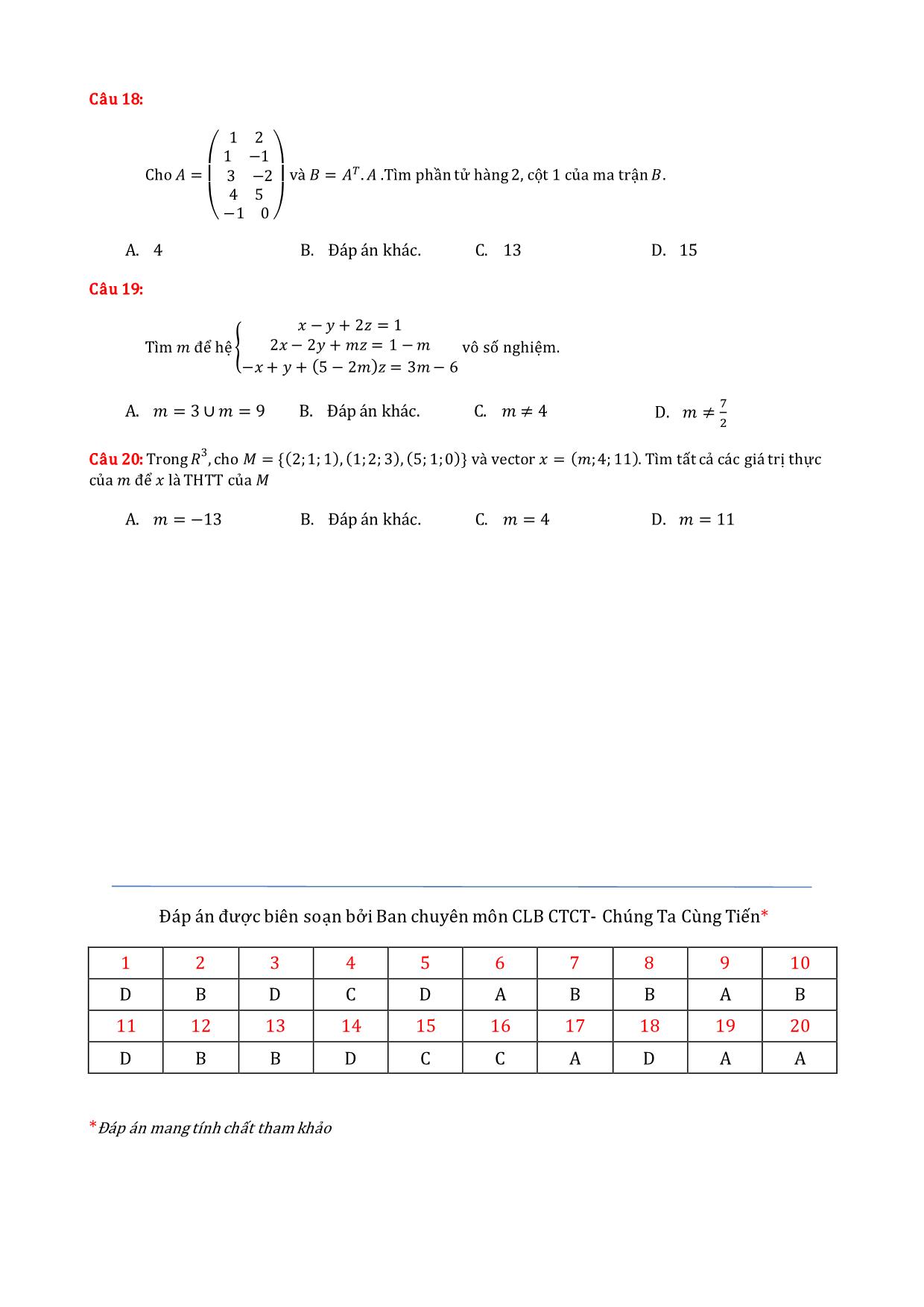 Đề thi giữa học kỳ môn Đại số tuyến tính - Ca 2 - Năm học 2017-2018 - Đại học Bách khoa thành phố Hồ Chí Minh (Có đáp án) trang 3