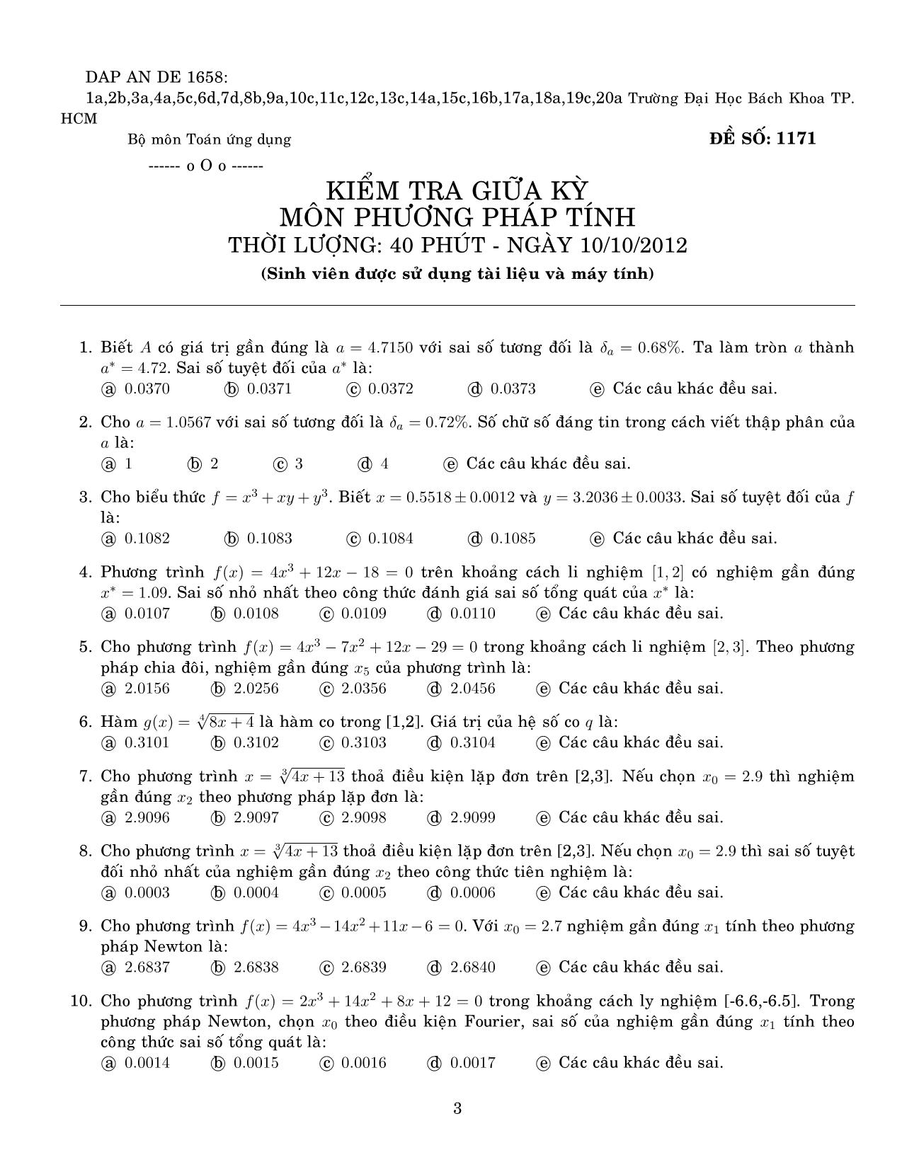 4 Đề kiểm tra giữa học kỳ môn Phương pháp tính - Năm học 2012-2013 - Đại học Bách khoa thành phố Hồ Chí Minh trang 3