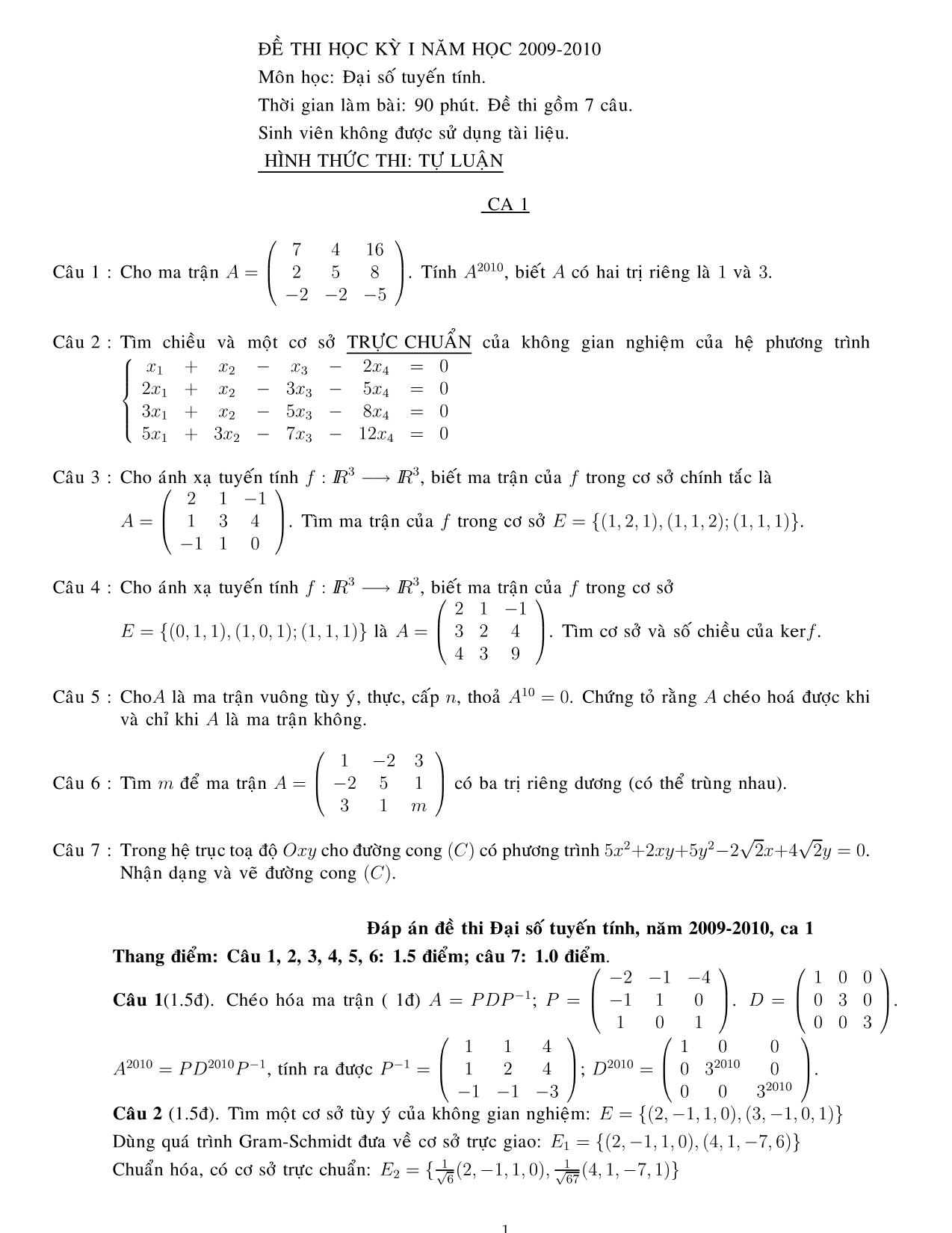 Đề thi học kỳ I môn Đại số tuyến tính - Ca 1 (Có đáp án) trang 1