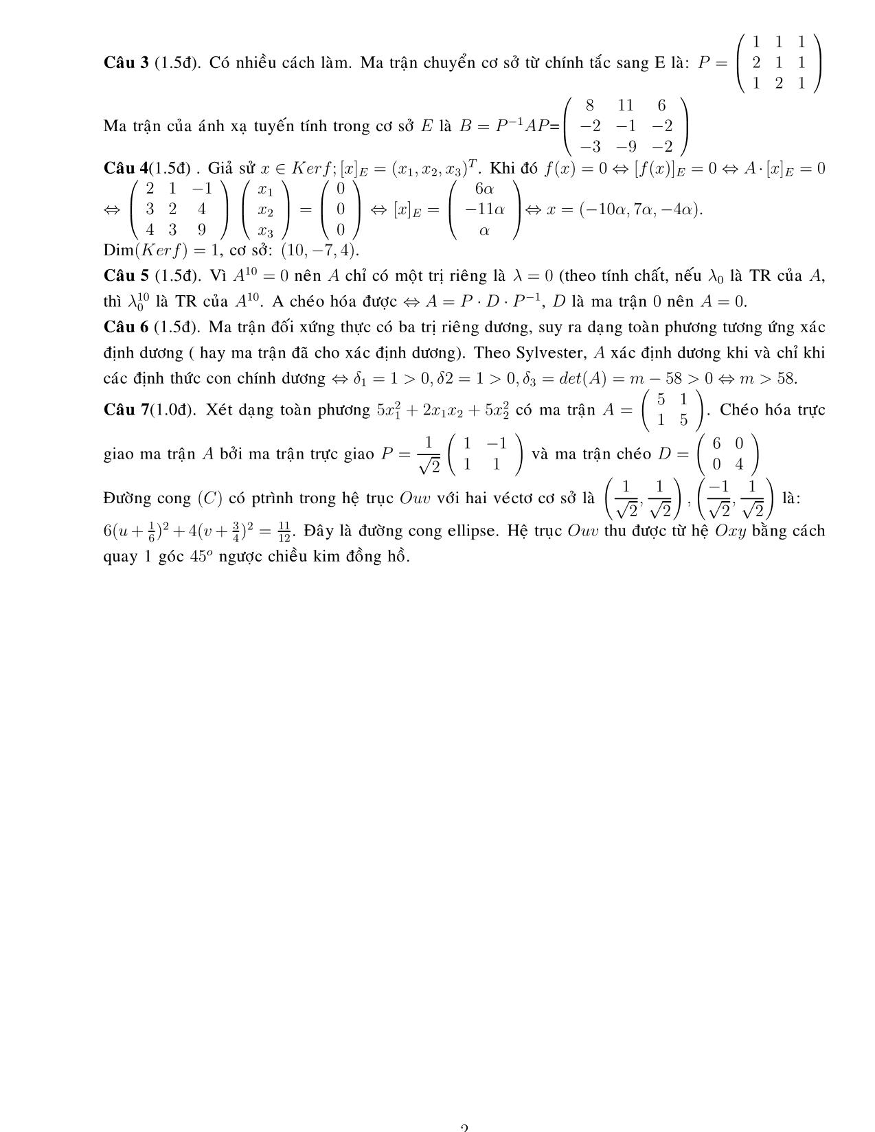 Đề thi học kỳ I môn Đại số tuyến tính - Ca 1 (Có đáp án) trang 2