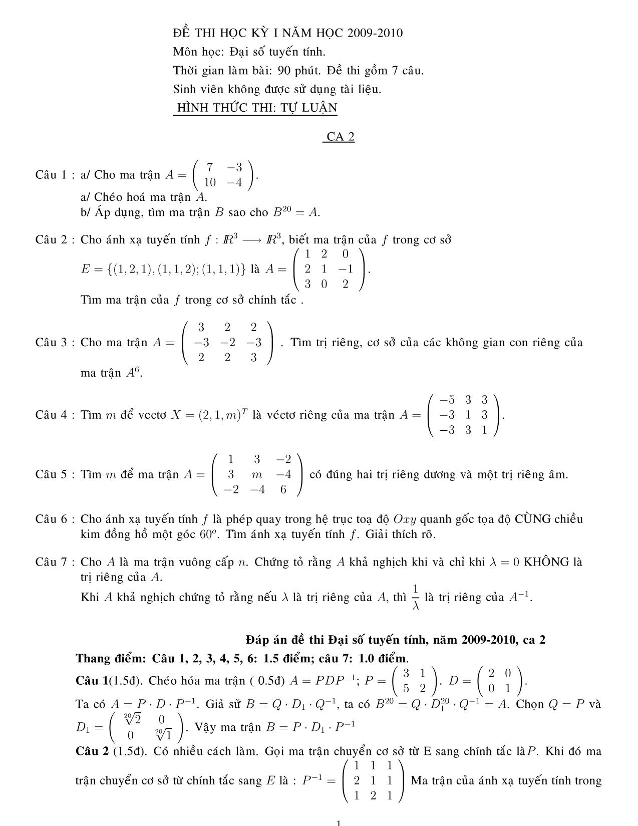 Đề thi học kỳ I môn Đại số tuyến tính - Ca 2 (Có đáp án) trang 1