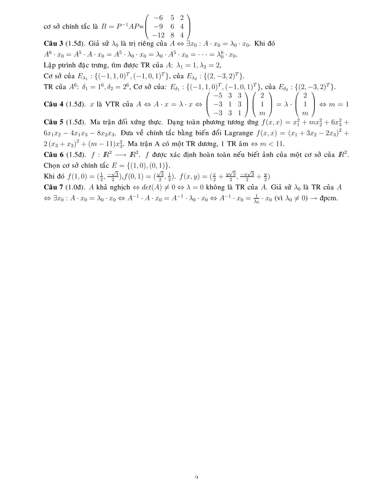 Đề thi học kỳ I môn Đại số tuyến tính - Ca 2 (Có đáp án) trang 2