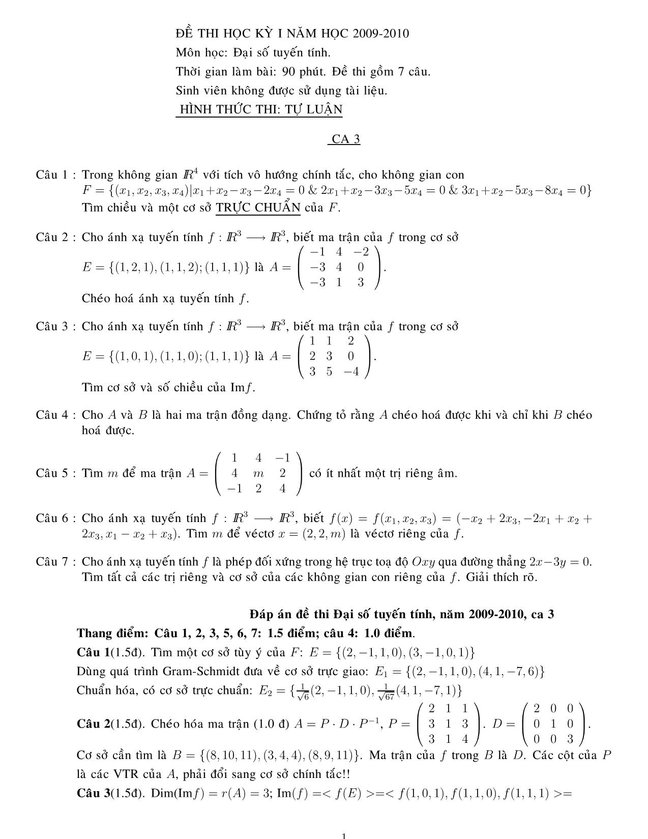Đề thi học kỳ I môn Đại số tuyến tính - Ca 3 (Có đáp án) trang 1