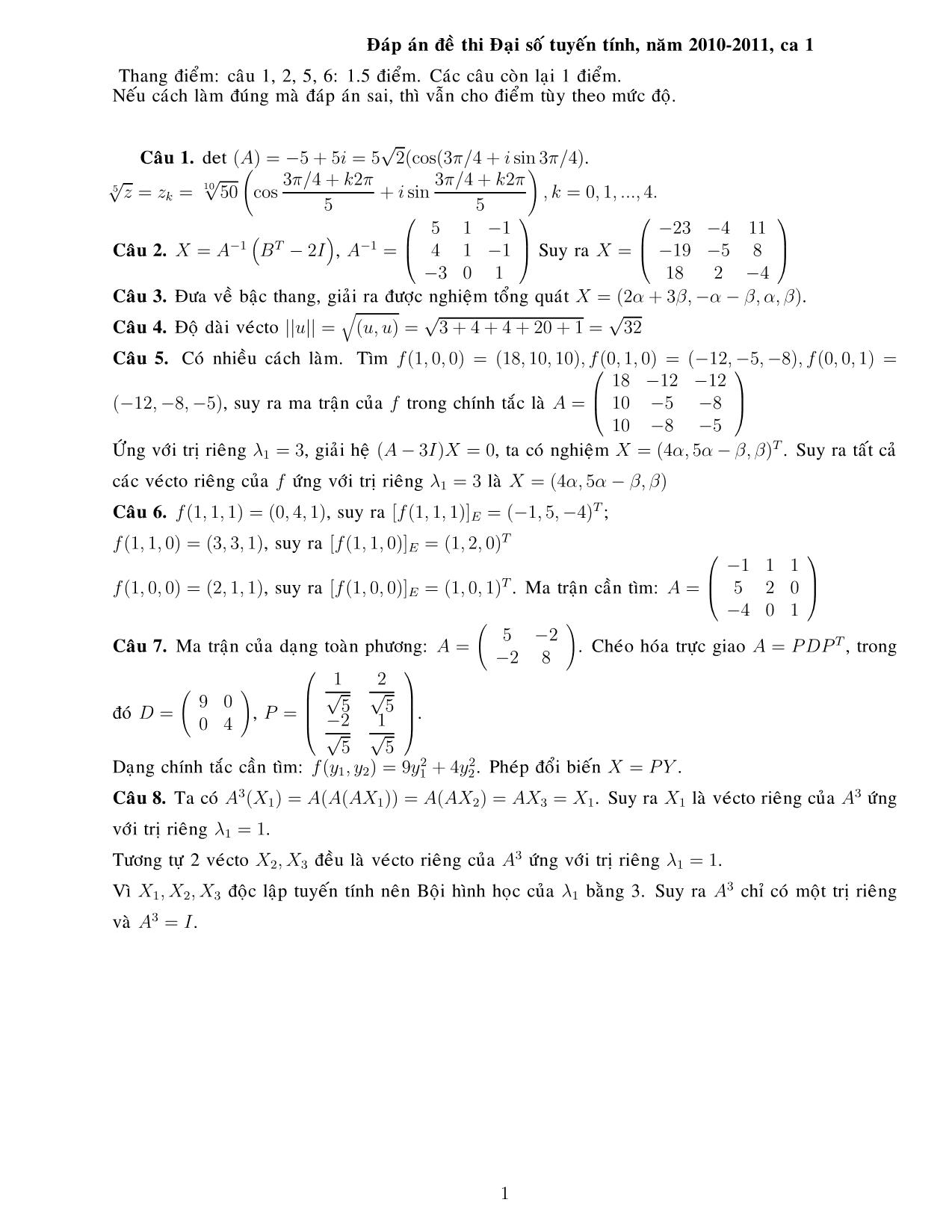 Đề thi học kỳ I môn Đại số tuyến tính - Ca 1 - Năm học 2010-2011 (Có đáp án) trang 2