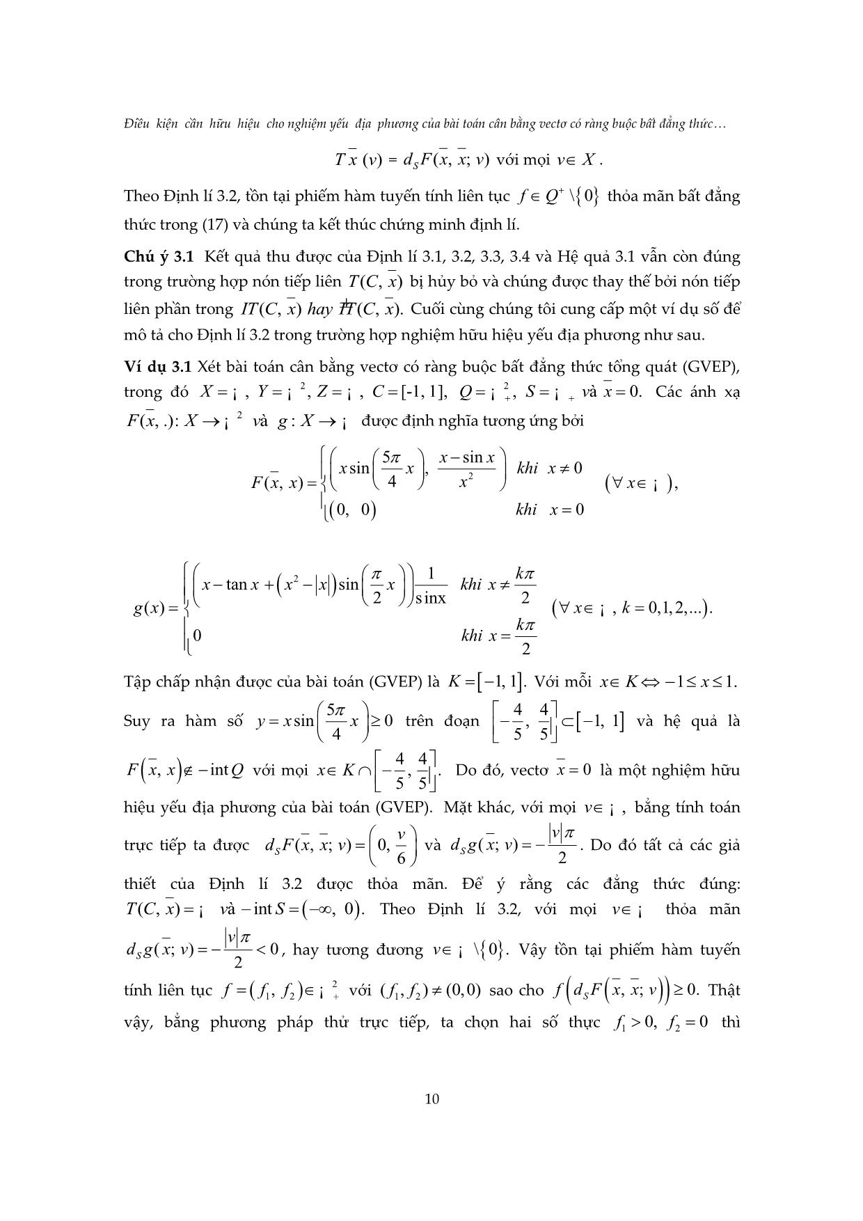 Điều kiện cần hữu hiệu cho nghiệm yếu địa phương của bài toán cân bằng vectơ có ràng buộc bất đẳng thức tổng quát và áp dụng trang 10