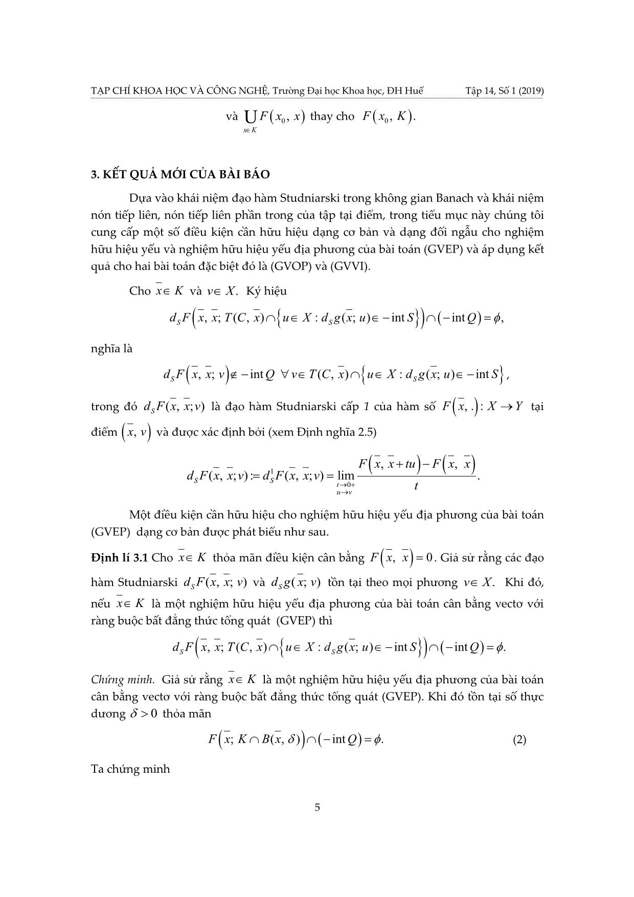 Điều kiện cần hữu hiệu cho nghiệm yếu địa phương của bài toán cân bằng vectơ có ràng buộc bất đẳng thức tổng quát và áp dụng trang 5
