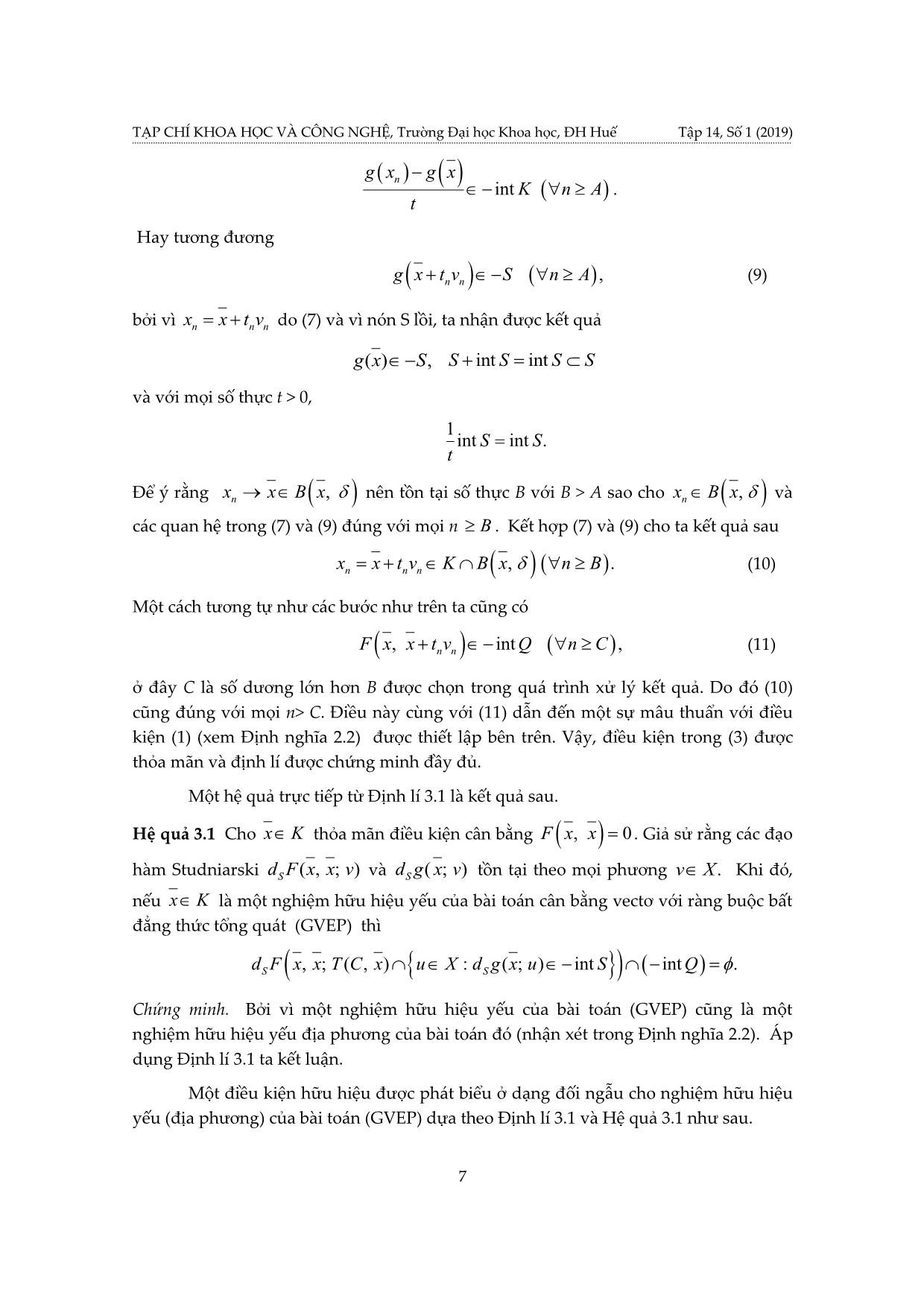Điều kiện cần hữu hiệu cho nghiệm yếu địa phương của bài toán cân bằng vectơ có ràng buộc bất đẳng thức tổng quát và áp dụng trang 7