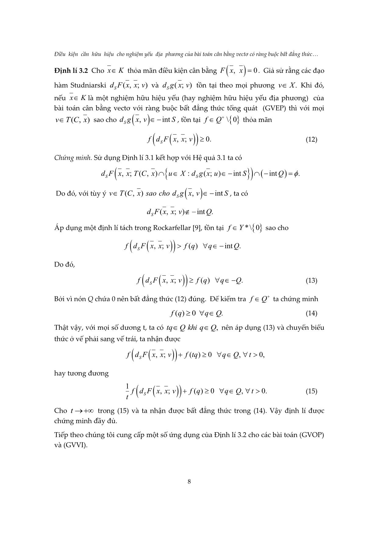 Điều kiện cần hữu hiệu cho nghiệm yếu địa phương của bài toán cân bằng vectơ có ràng buộc bất đẳng thức tổng quát và áp dụng trang 8