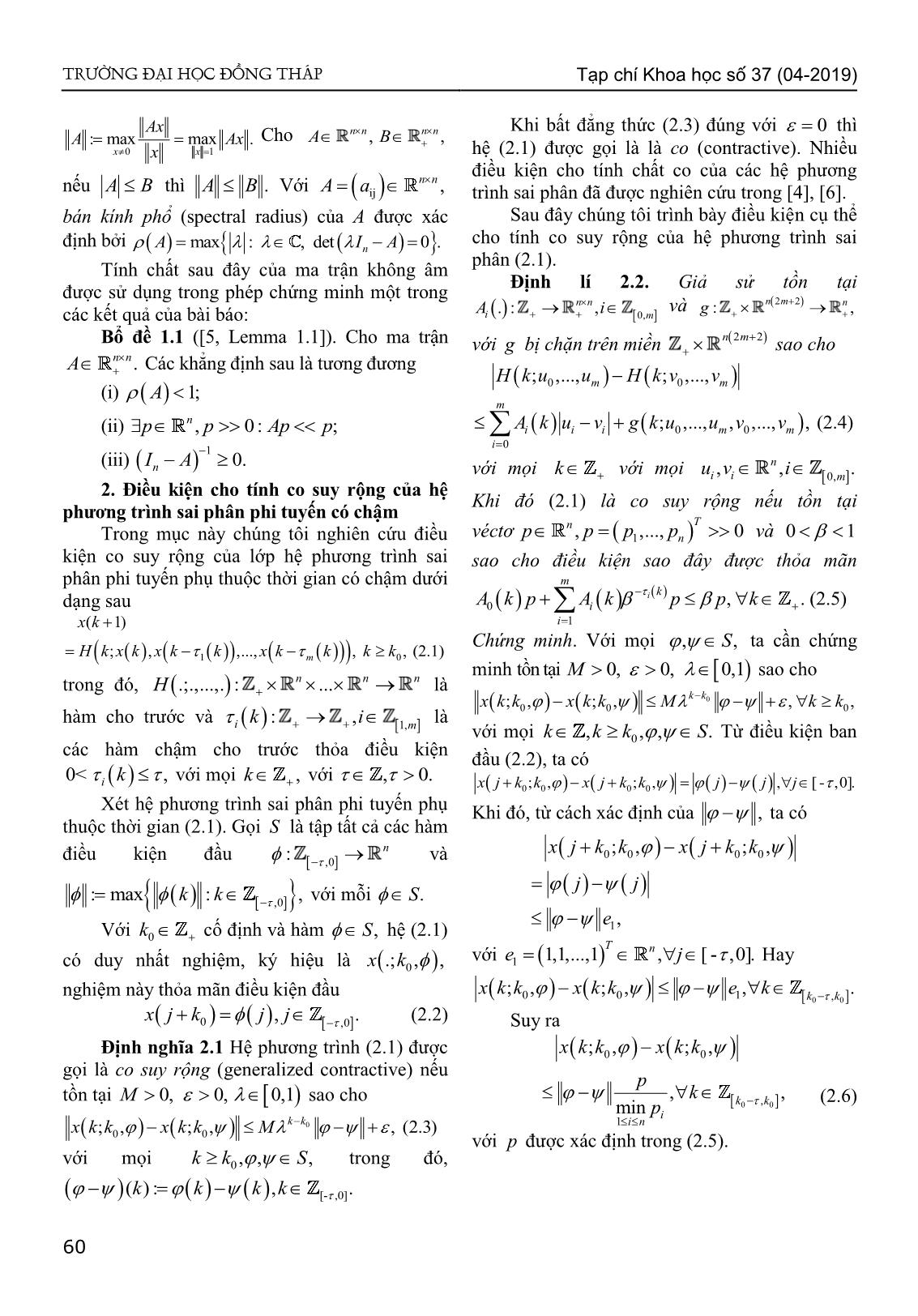 Điều kiện đủ cho tính chất co suy rộng của hệ phương trình sai phân phi tuyến phụ thuộc thời gian có chậm trang 2