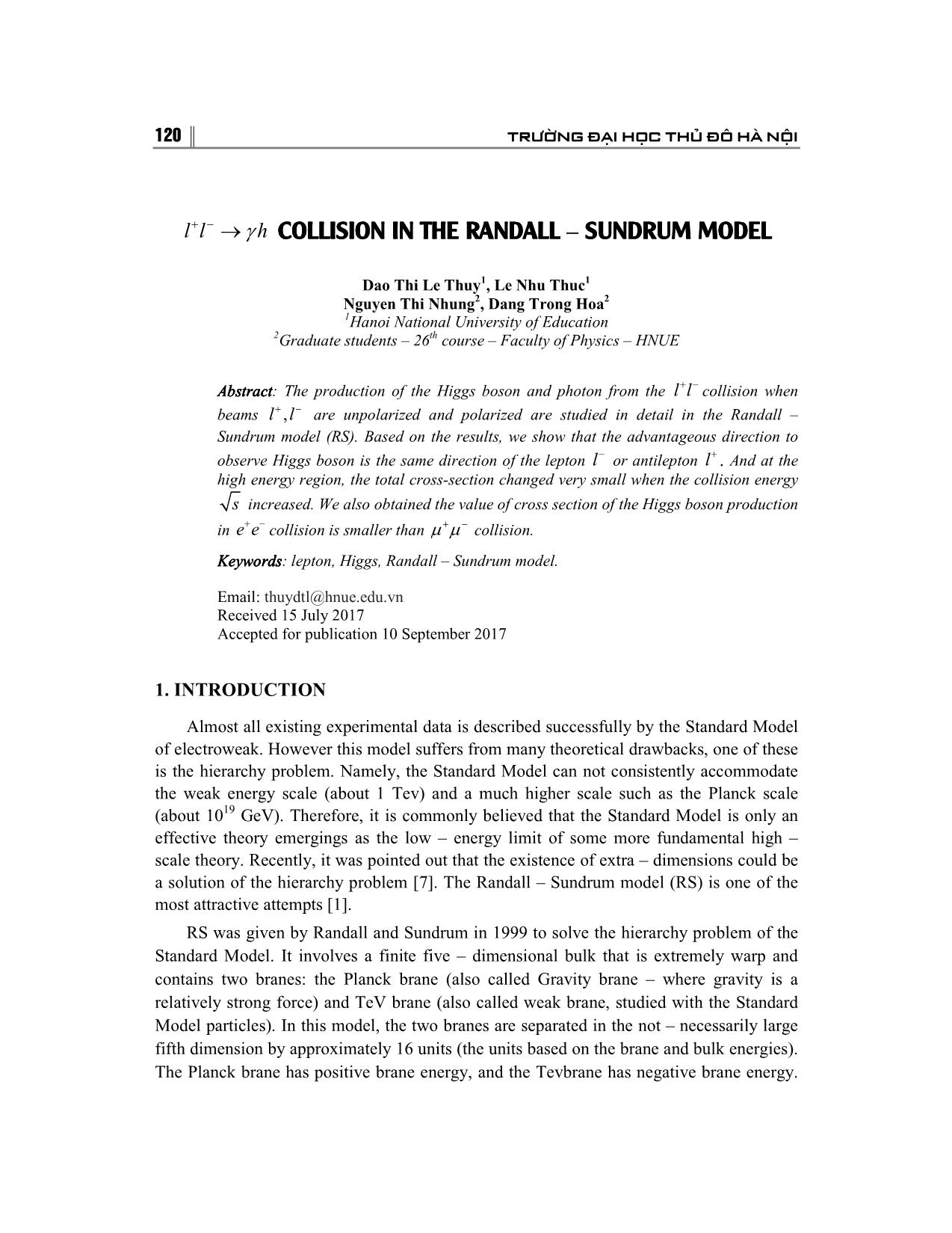 L+l- → γh collision in the randall – sundrum model trang 1