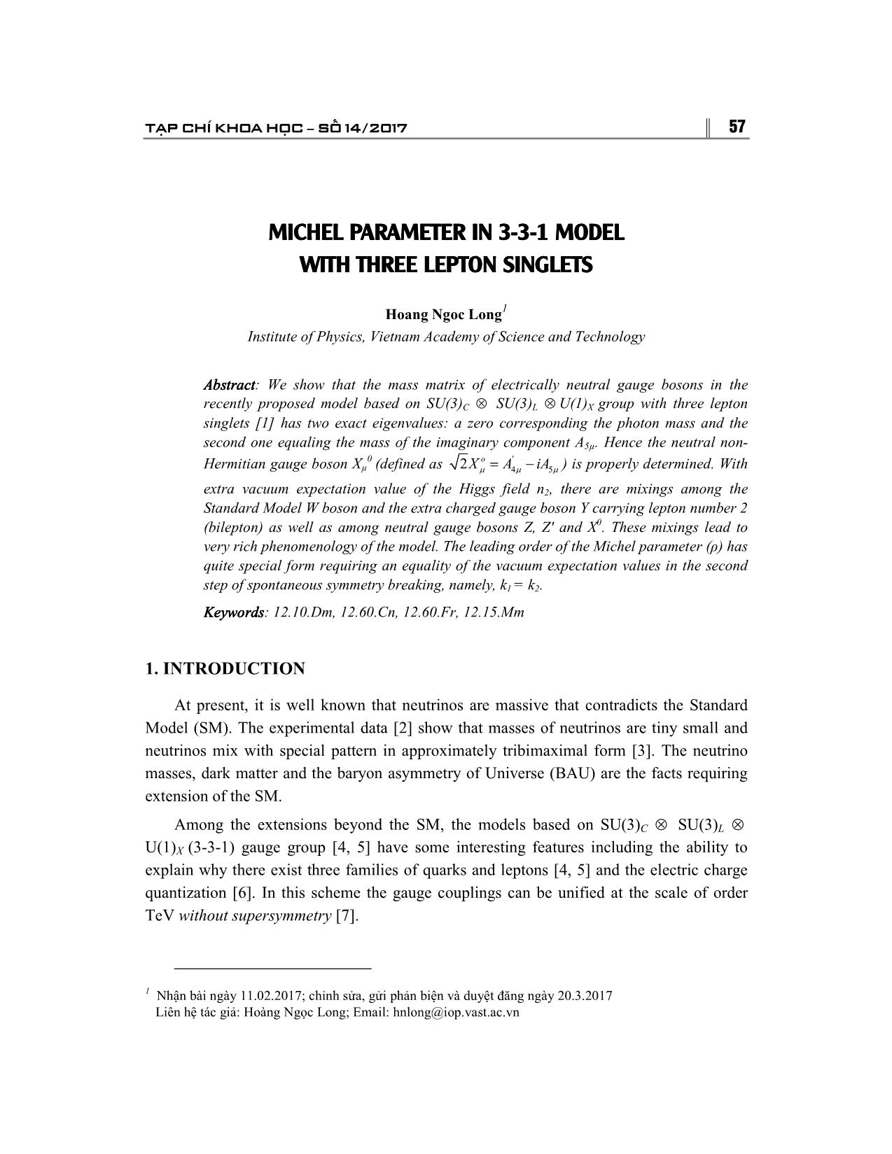 Michel parameter in 3-3-1 model with three lepton singlets trang 1