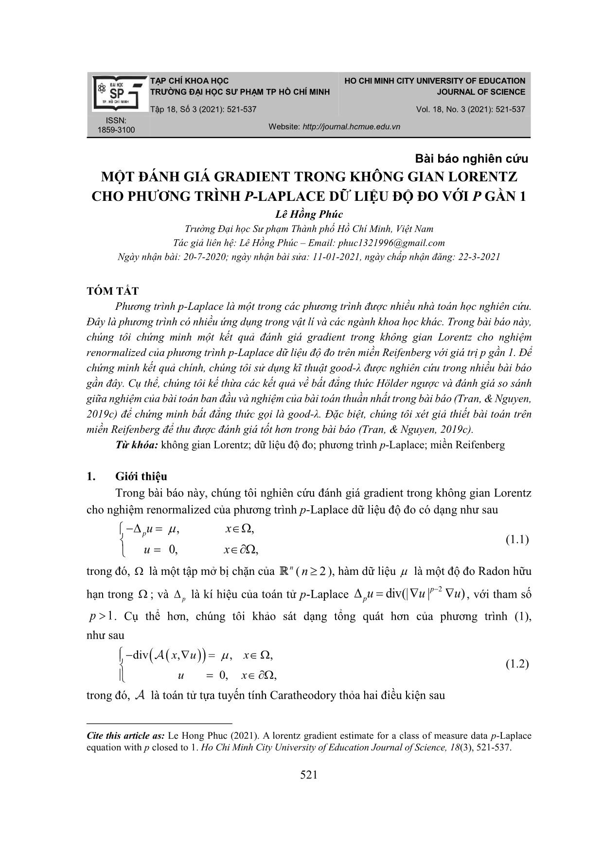 Một đánh giá gradient trong không gian Lorentz cho phương trình p-Laplace dữ liệu độ đo với p gần 1 trang 1