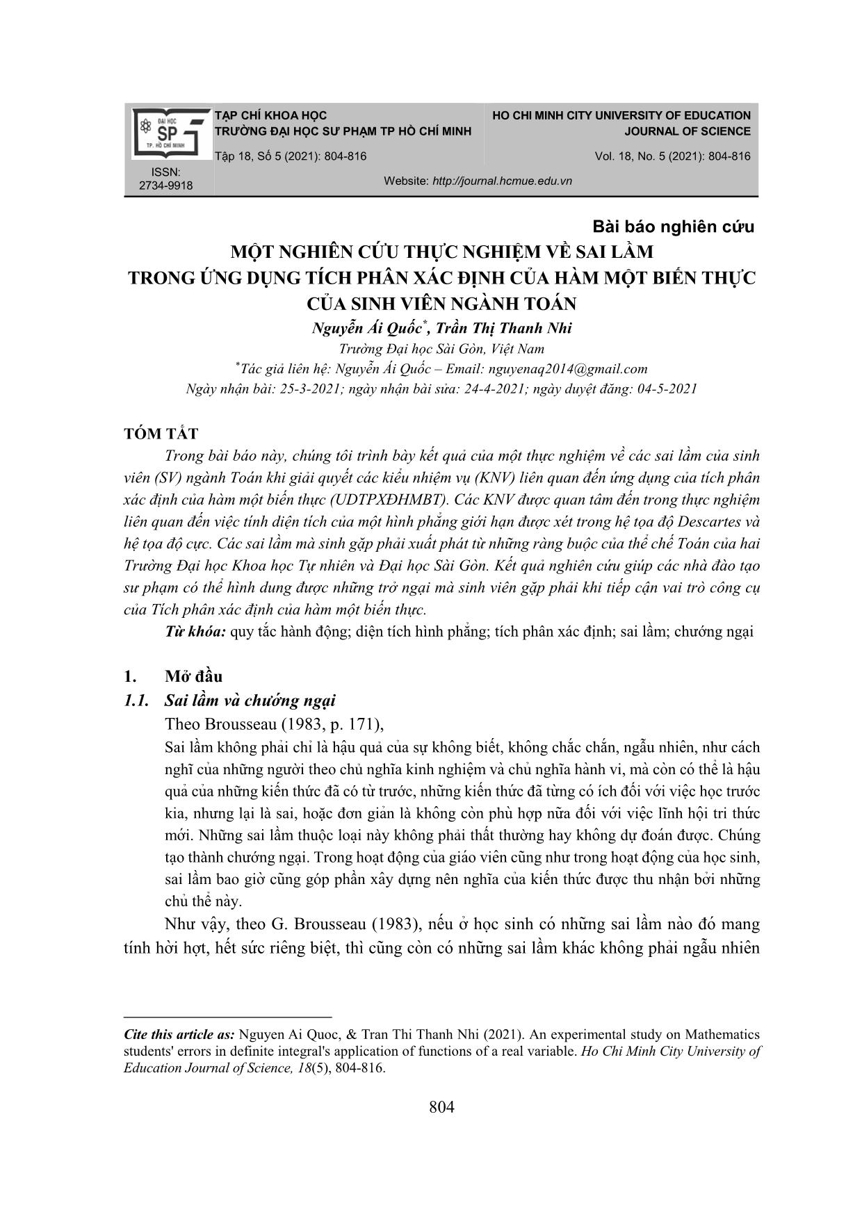 Một nghiên cứu thực nghiệm về sai lầm trong ứng dụng tích phân xác định của hàm một biến thực của sinh viên ngành Toán trang 1