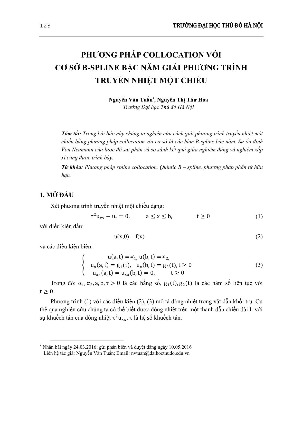 Phương pháp Collocation với cơ sở B-Spline bậc năm giải phương trình truyền nhiệt một chiều trang 1