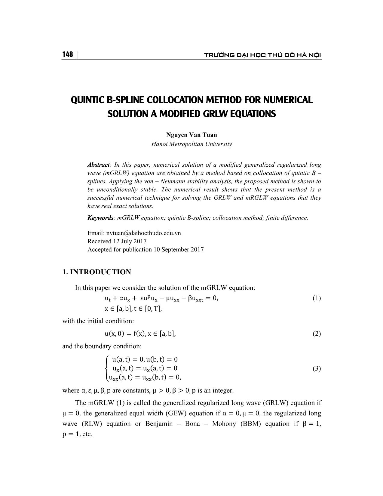 Quintic B-Spline collocation method for numerical solution a modified GRLW equations trang 1