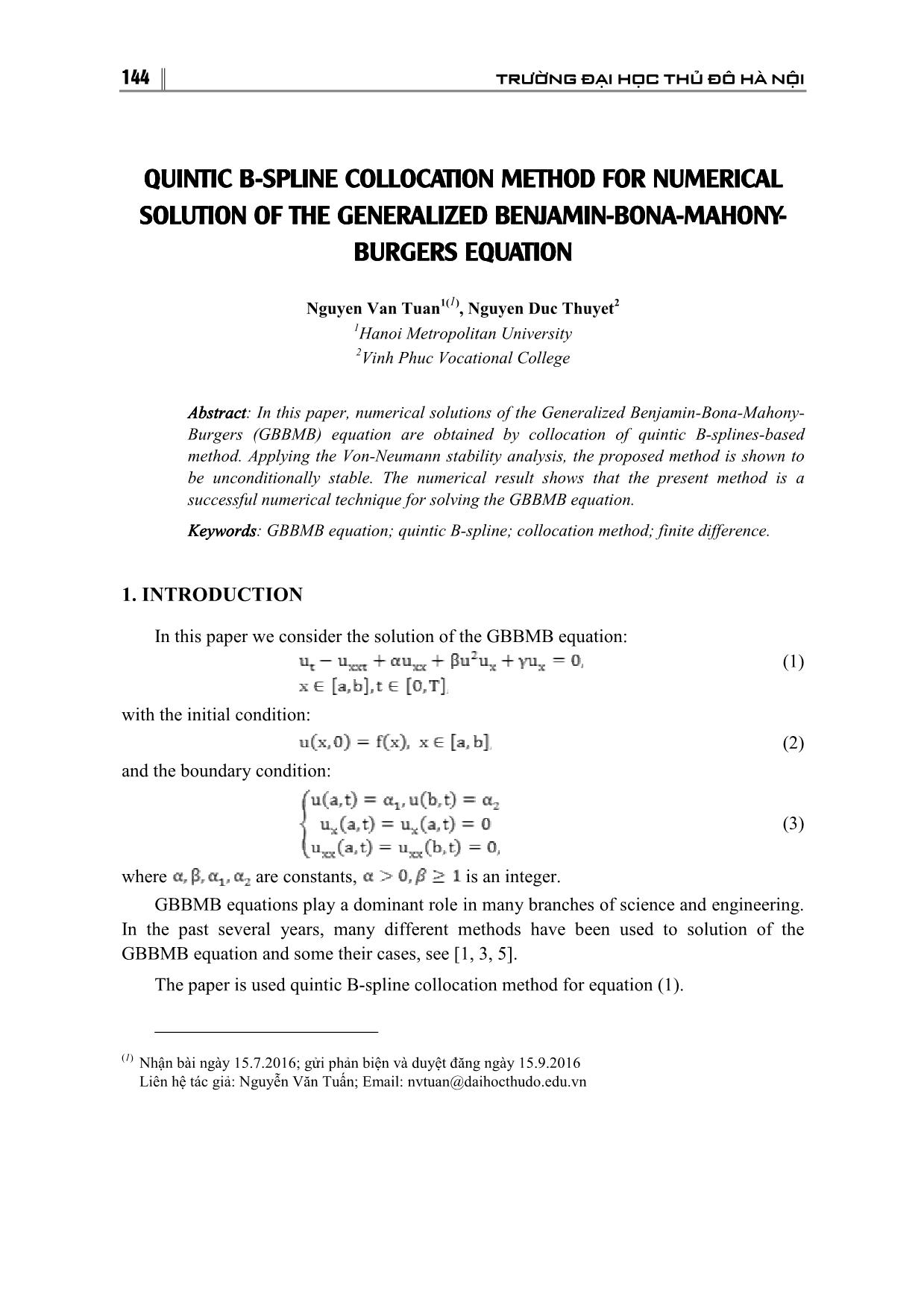 Quintic B-spline collocation method for numerical solution of the Generalized Benjamin-Bona-MahonyBurgers equation trang 1