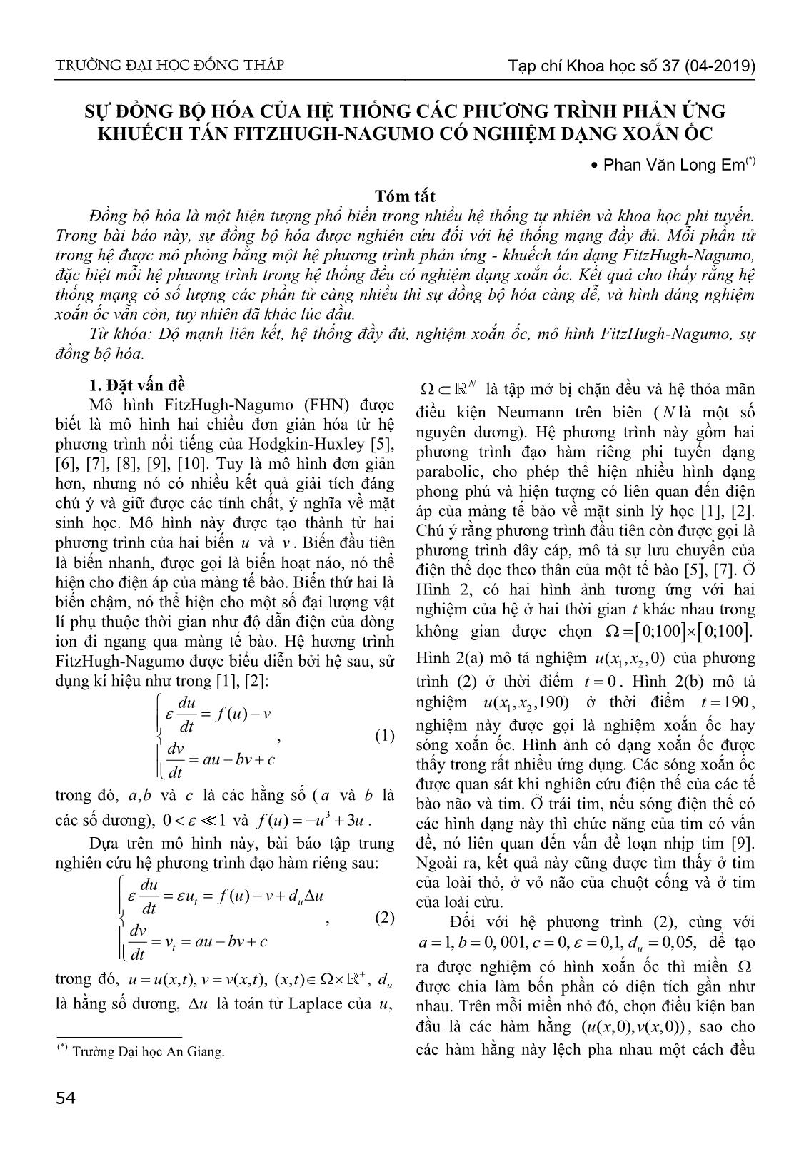 Sự đồng bộ hóa của hệ thống các phương trình phản ứng khuếch tán Fitzhugh-Nagumo có nghiệm dạng xoắn ốc trang 1