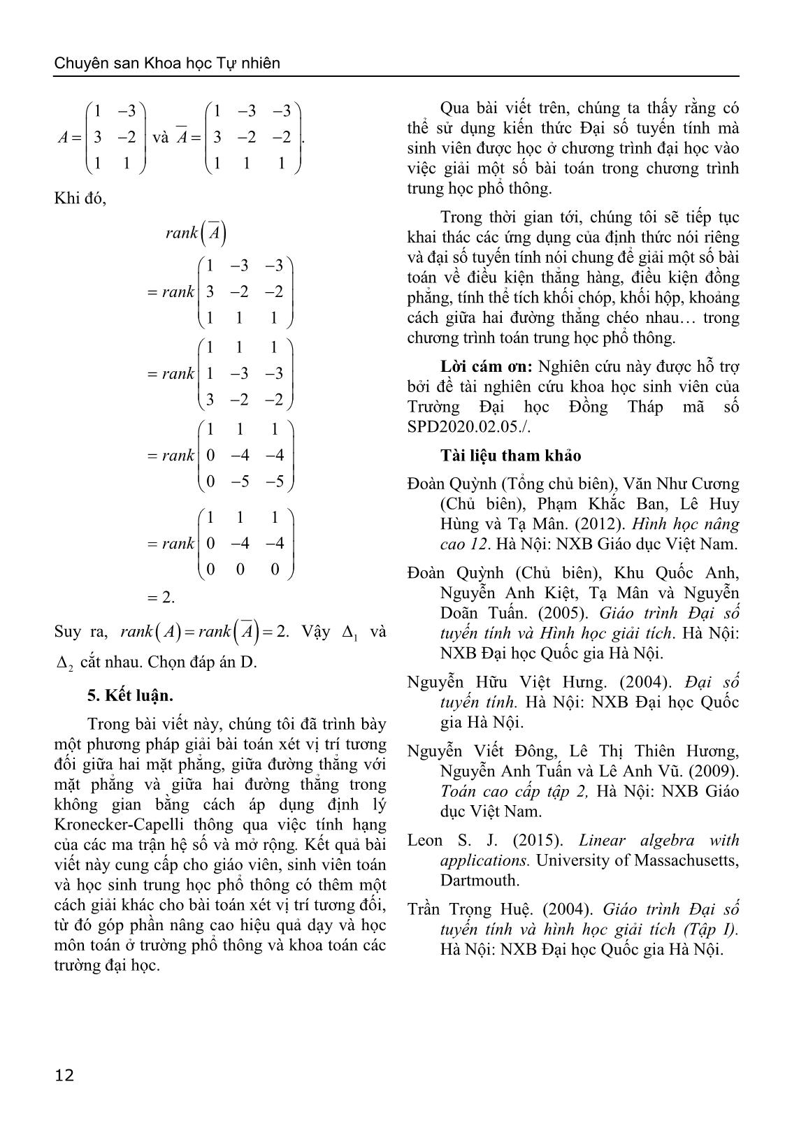 Sử dụng định lý Kronecker-Capelli giải bài toán về vị trí tương đối của hình học giải tích trong không gian trang 10