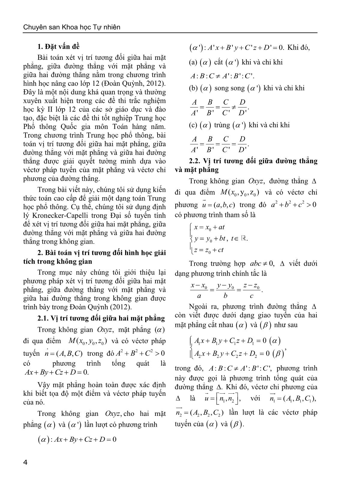 Sử dụng định lý Kronecker-Capelli giải bài toán về vị trí tương đối của hình học giải tích trong không gian trang 2