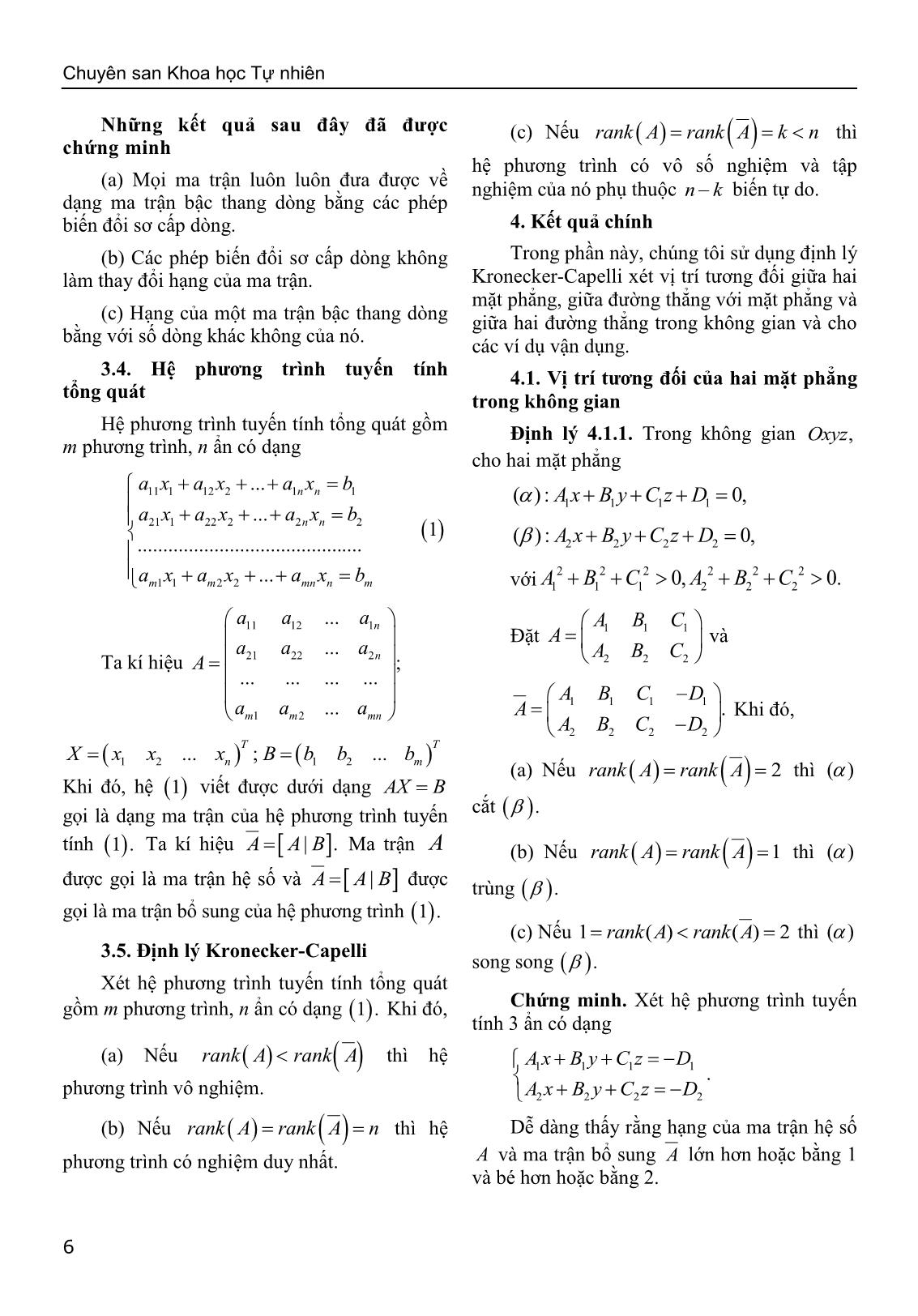 Sử dụng định lý Kronecker-Capelli giải bài toán về vị trí tương đối của hình học giải tích trong không gian trang 4