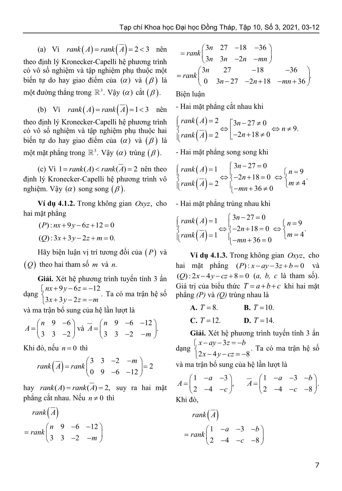 Sử dụng định lý Kronecker-Capelli giải bài toán về vị trí tương đối của hình học giải tích trong không gian trang 5