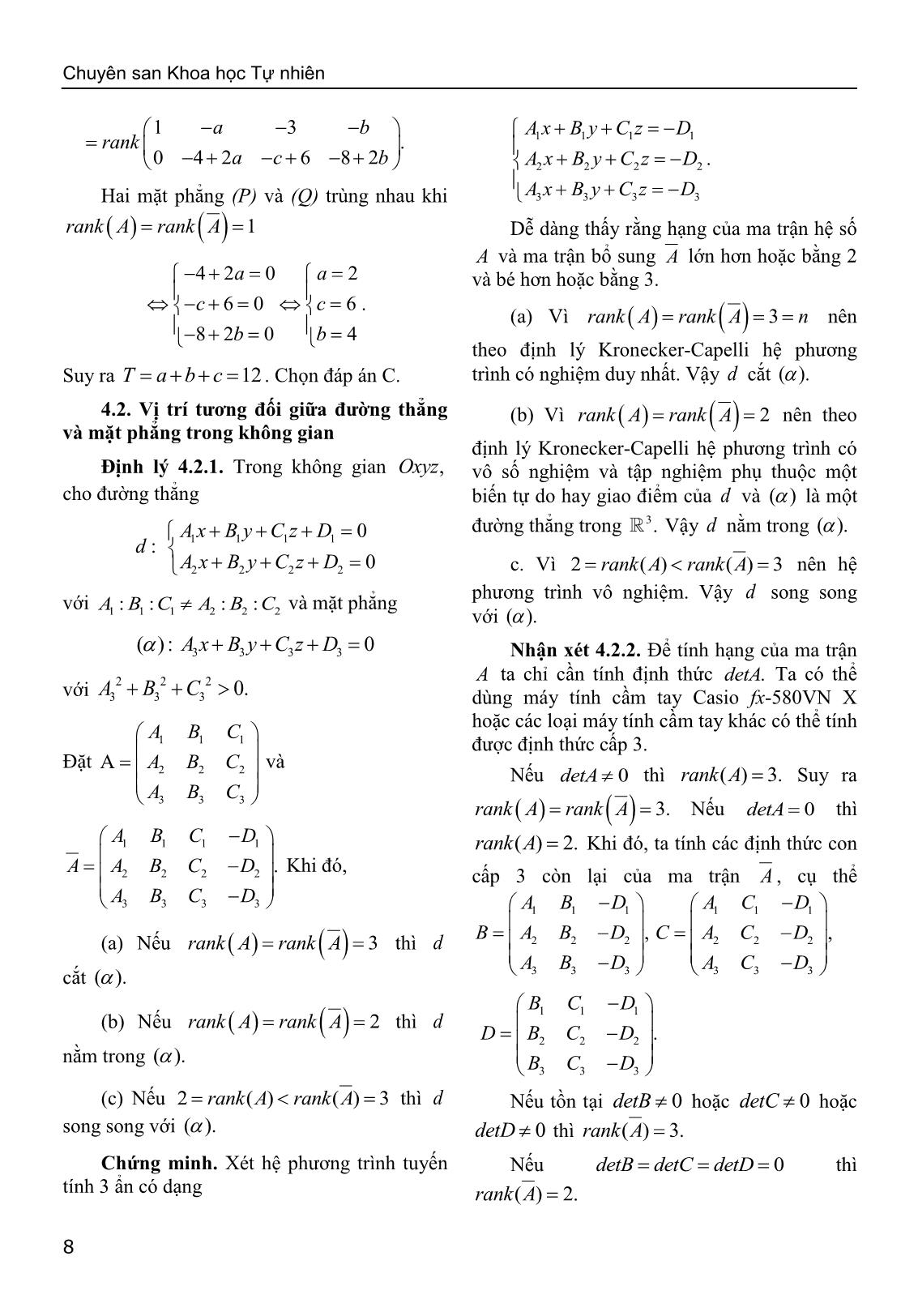 Sử dụng định lý Kronecker-Capelli giải bài toán về vị trí tương đối của hình học giải tích trong không gian trang 6