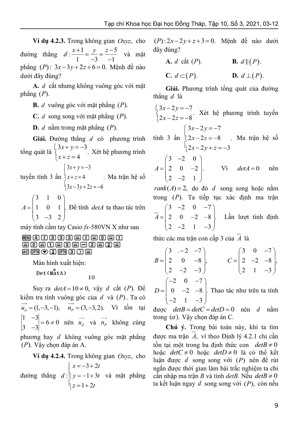Sử dụng định lý Kronecker-Capelli giải bài toán về vị trí tương đối của hình học giải tích trong không gian trang 7