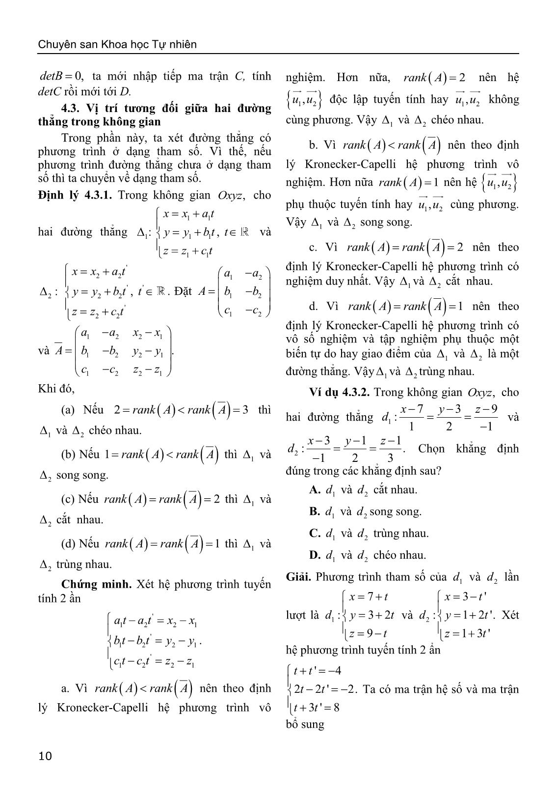 Sử dụng định lý Kronecker-Capelli giải bài toán về vị trí tương đối của hình học giải tích trong không gian trang 8