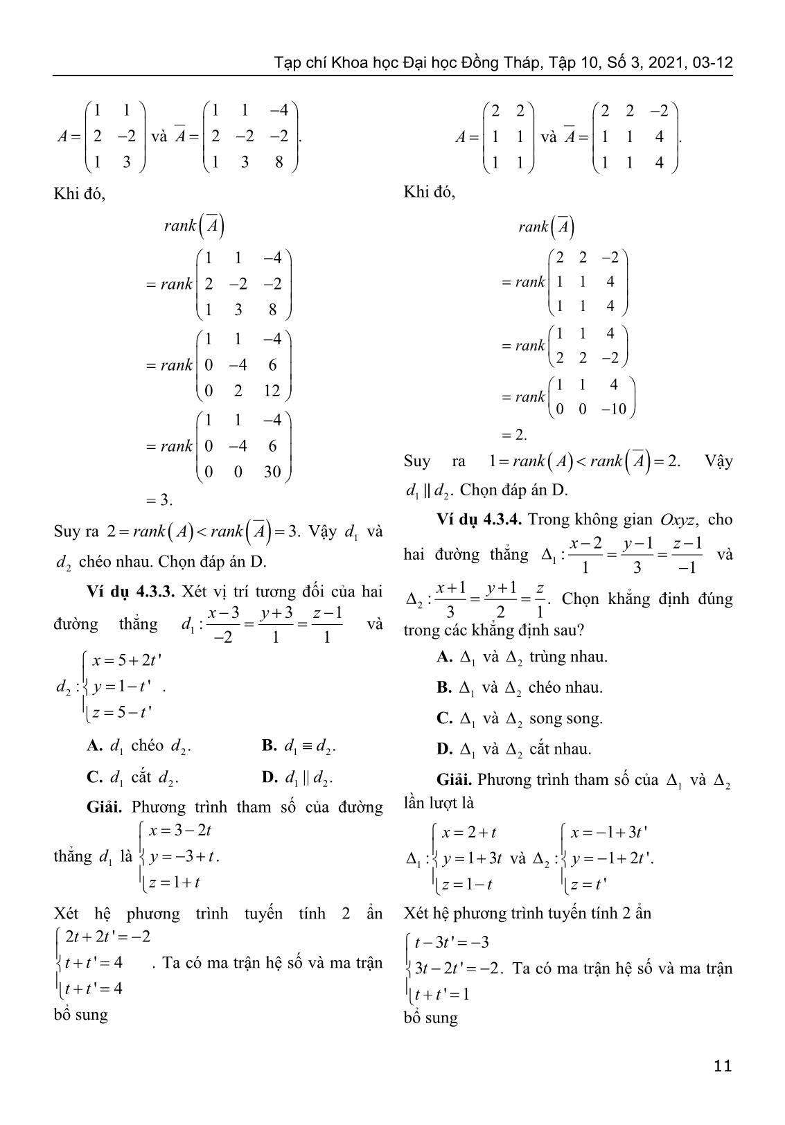 Sử dụng định lý Kronecker-Capelli giải bài toán về vị trí tương đối của hình học giải tích trong không gian trang 9