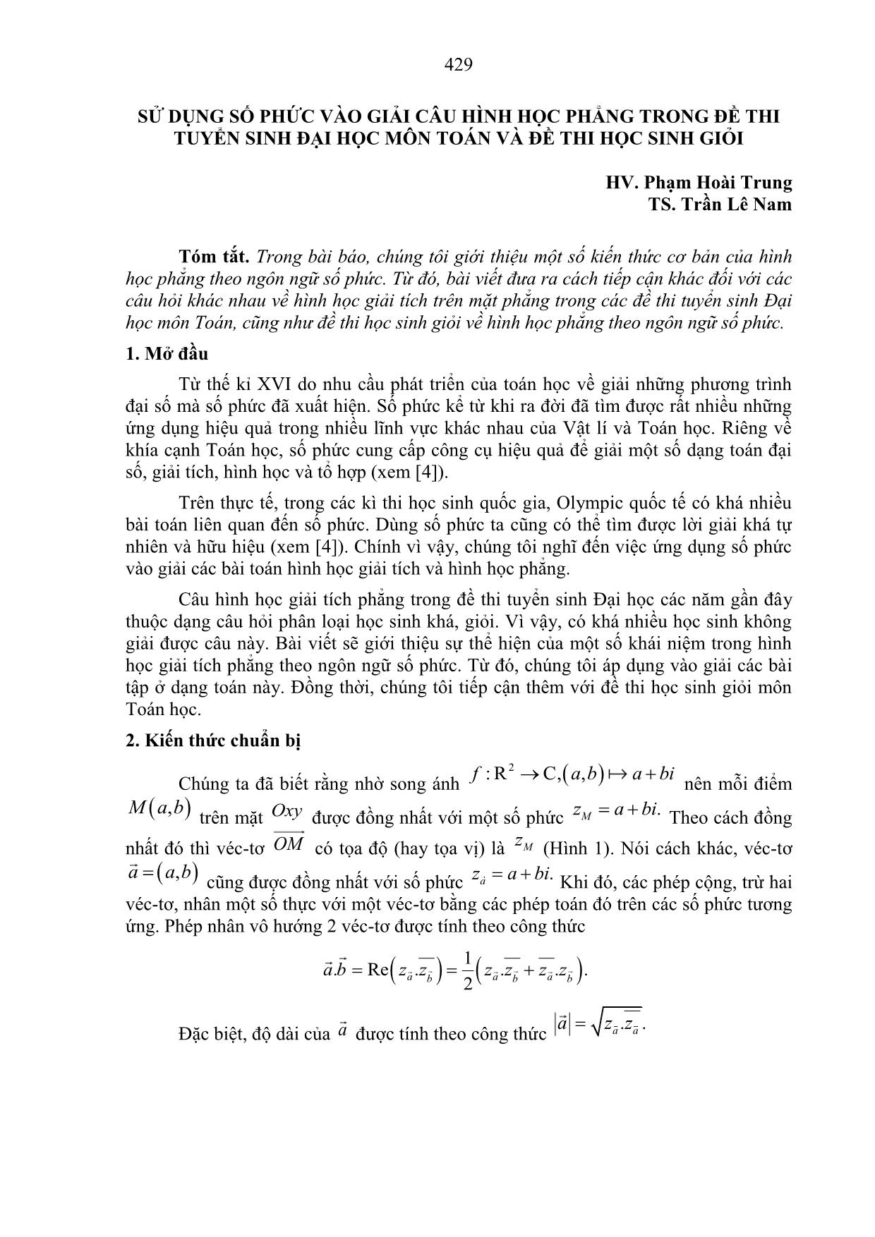 Sử dụng số phức vào giải câu hình học phẳng trong đề thi tuyển sinh Đại học môn Toán và đề thi học sinh giỏi trang 1