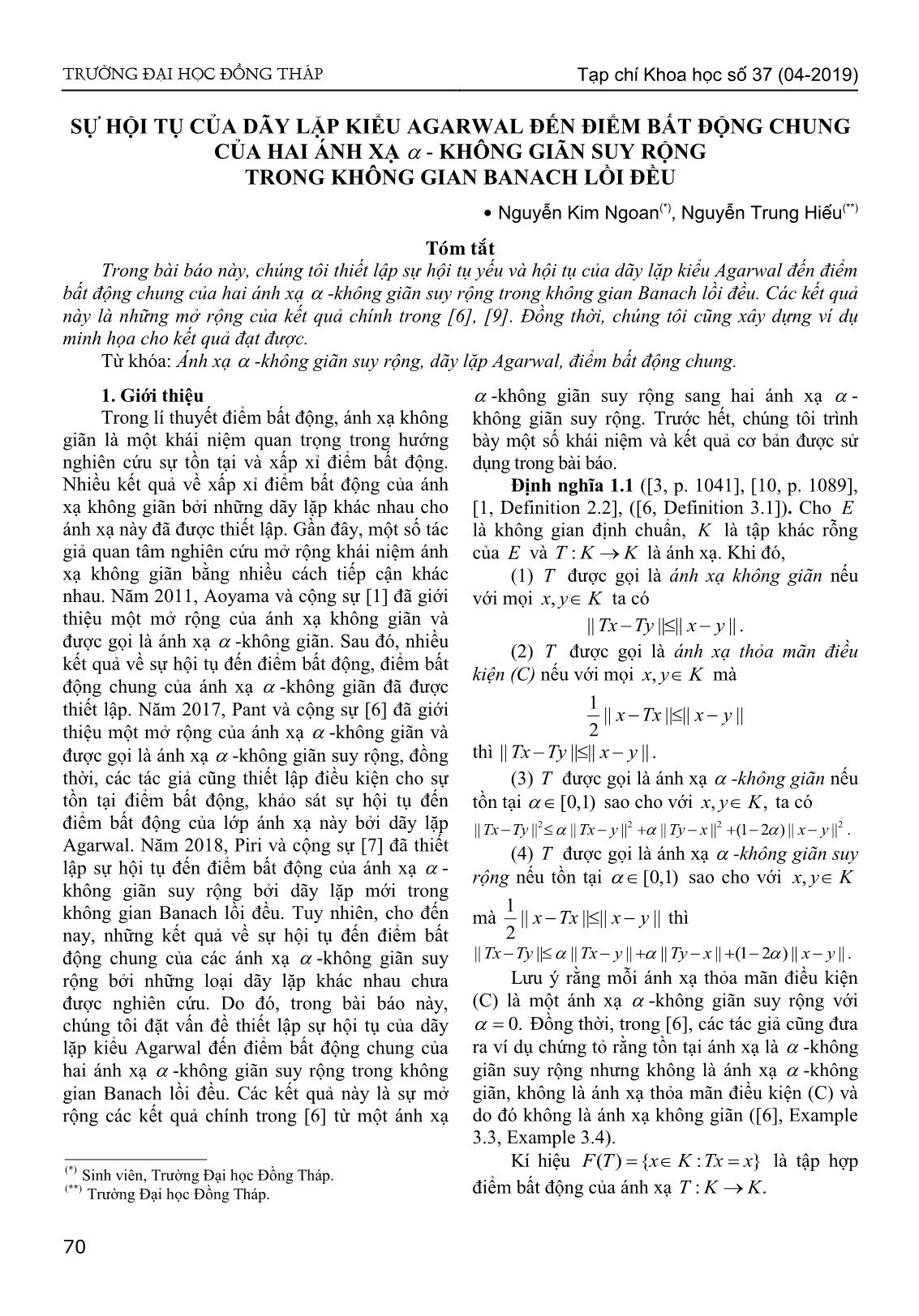 Sự hội tụ của dãy lặp kiểu Agarwal đến điểm bất động chung của hai ánh xạ - Không giãn suy rộng trong không gian Banach lồi đều trang 1