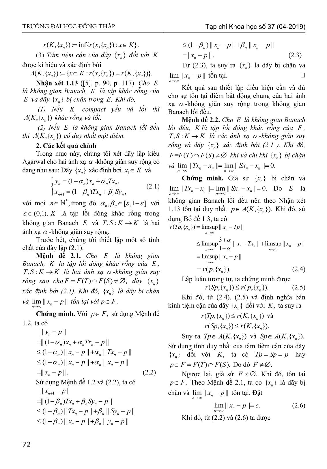 Sự hội tụ của dãy lặp kiểu Agarwal đến điểm bất động chung của hai ánh xạ - Không giãn suy rộng trong không gian Banach lồi đều trang 3