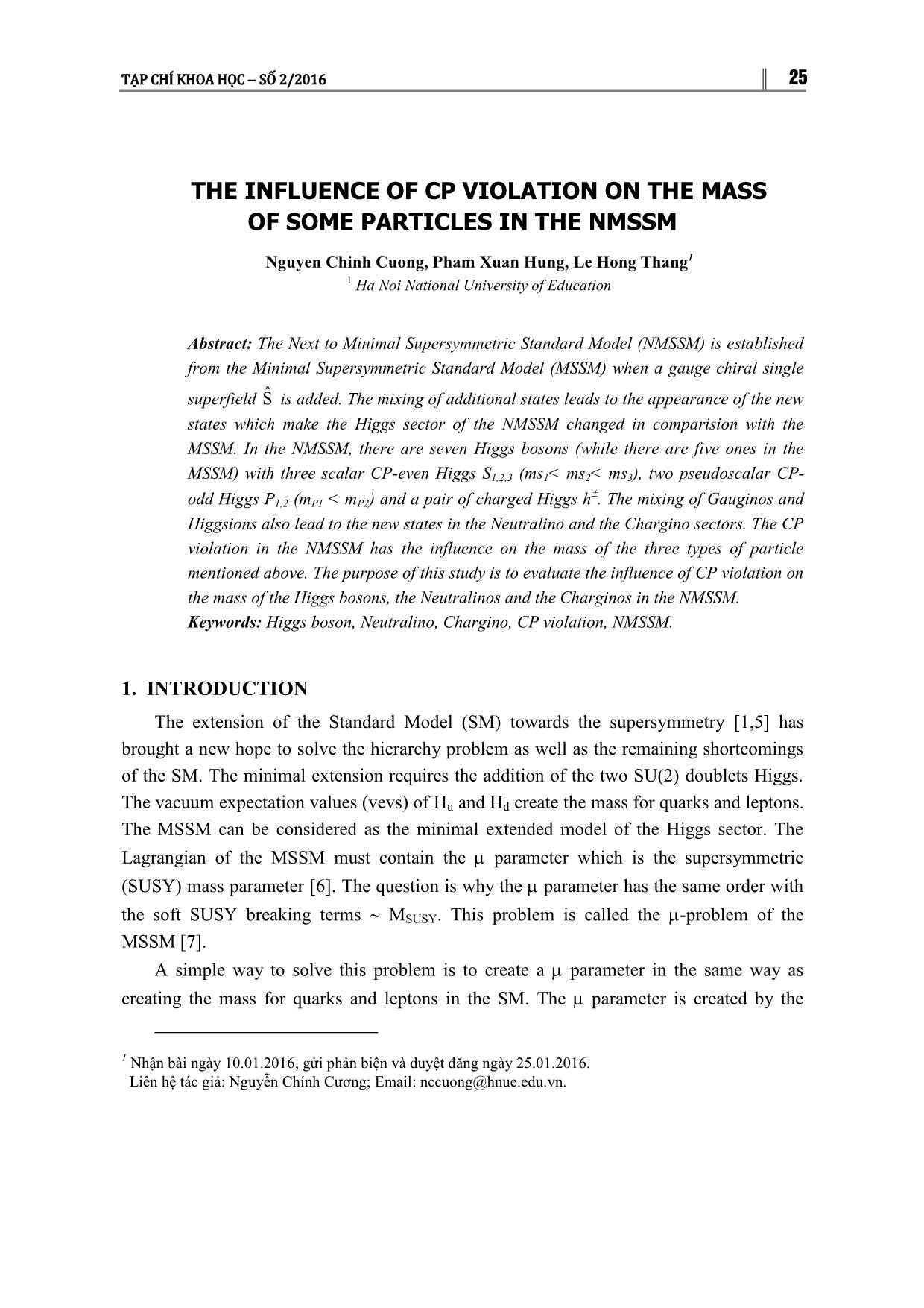 The influence of CP violation on the mass of some particles in the NMSSM trang 1