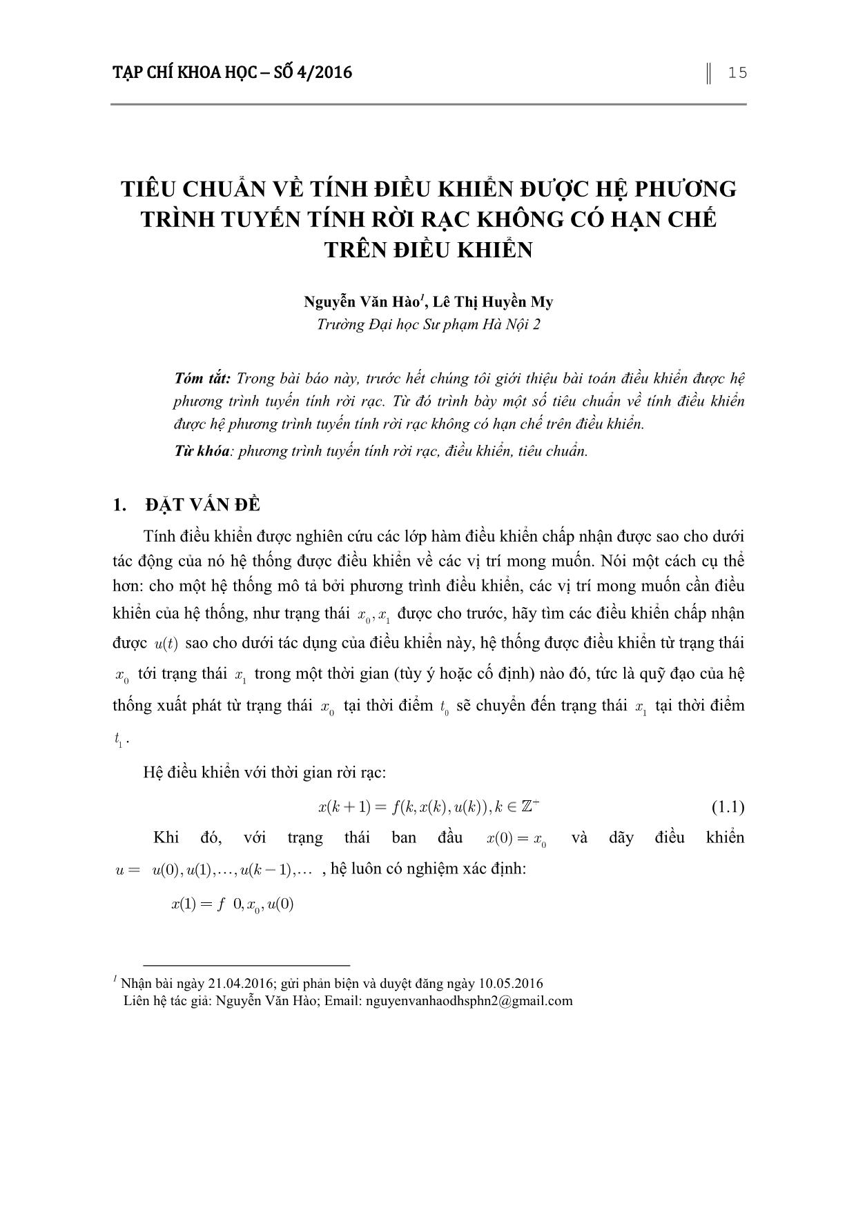 Tiêu chuẩn về tính điều khiển được hệ phương trình tuyến tính rời rạc không có hạn chế trên điều khiển trang 1