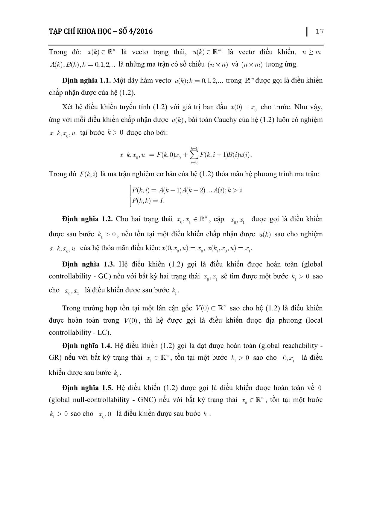 Tiêu chuẩn về tính điều khiển được hệ phương trình tuyến tính rời rạc không có hạn chế trên điều khiển trang 3