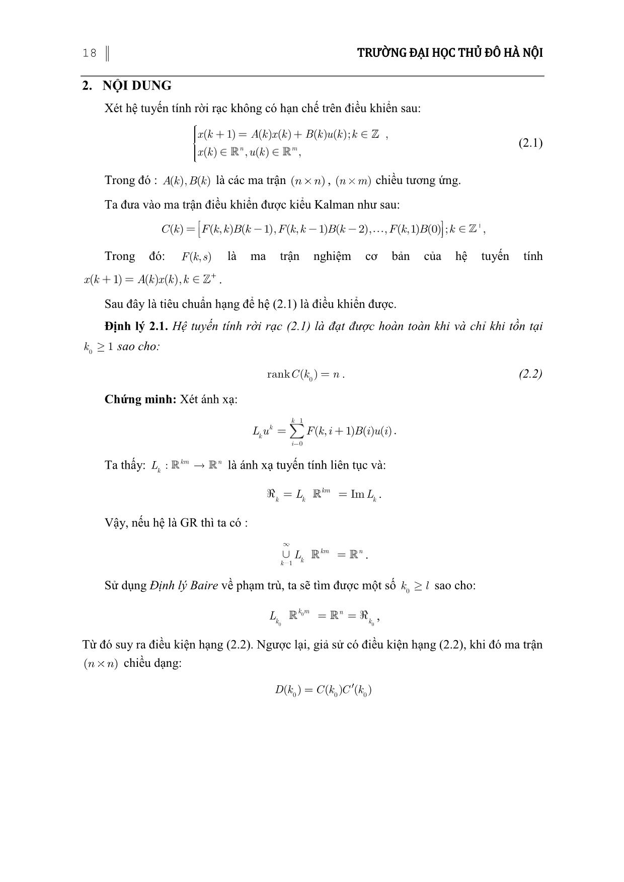 Tiêu chuẩn về tính điều khiển được hệ phương trình tuyến tính rời rạc không có hạn chế trên điều khiển trang 4