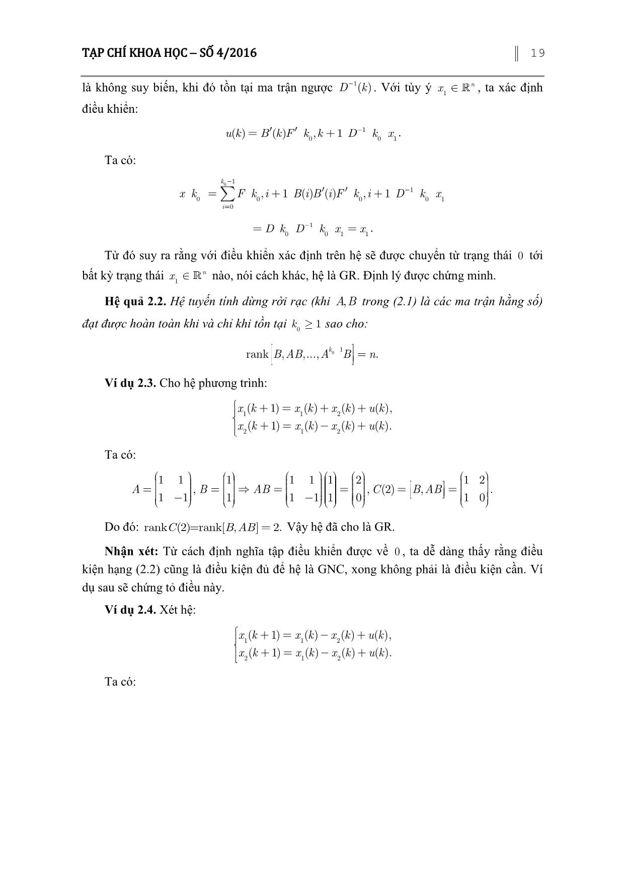 Tiêu chuẩn về tính điều khiển được hệ phương trình tuyến tính rời rạc không có hạn chế trên điều khiển trang 5