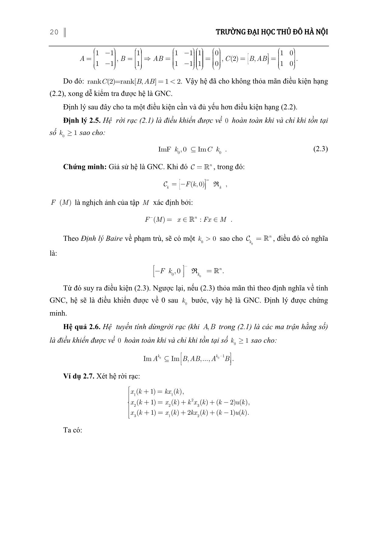 Tiêu chuẩn về tính điều khiển được hệ phương trình tuyến tính rời rạc không có hạn chế trên điều khiển trang 6