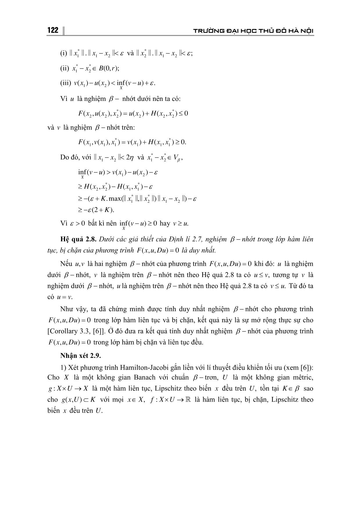 Tính duy nhất nghiệm của β - Nhớt của phương trình Hamilton-Jacobi trong không gian Banach trang 8