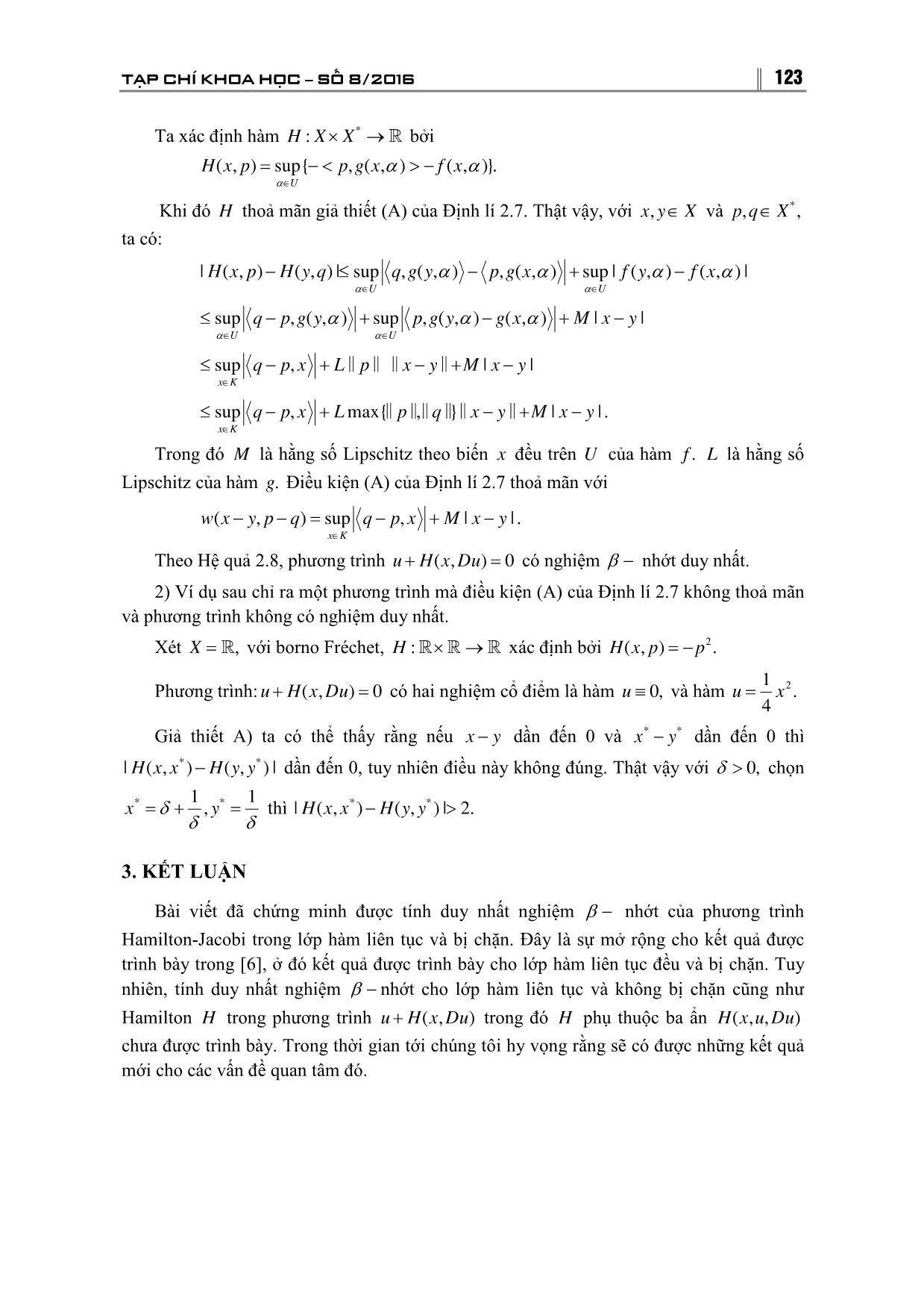 Tính duy nhất nghiệm của β - Nhớt của phương trình Hamilton-Jacobi trong không gian Banach trang 9