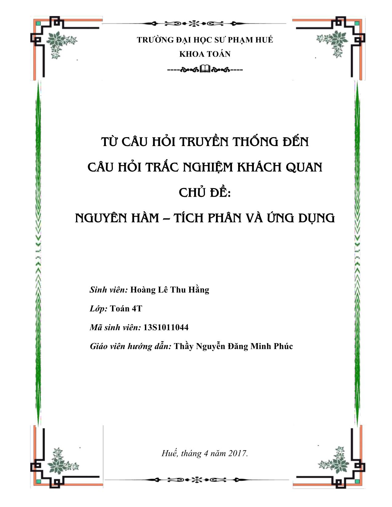 Từ câu hỏi truyền thống đến câu hỏi trắc nghiệm khách quan - Chủ đề: Nguyên hàm – Tích phân và ứng dụng trang 1