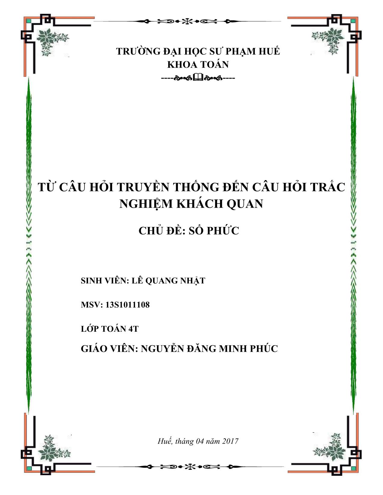 Từ câu hỏi truyền thống đến câu hỏi trắc nghiệm khách quan - Chủ đề: Số phức trang 1