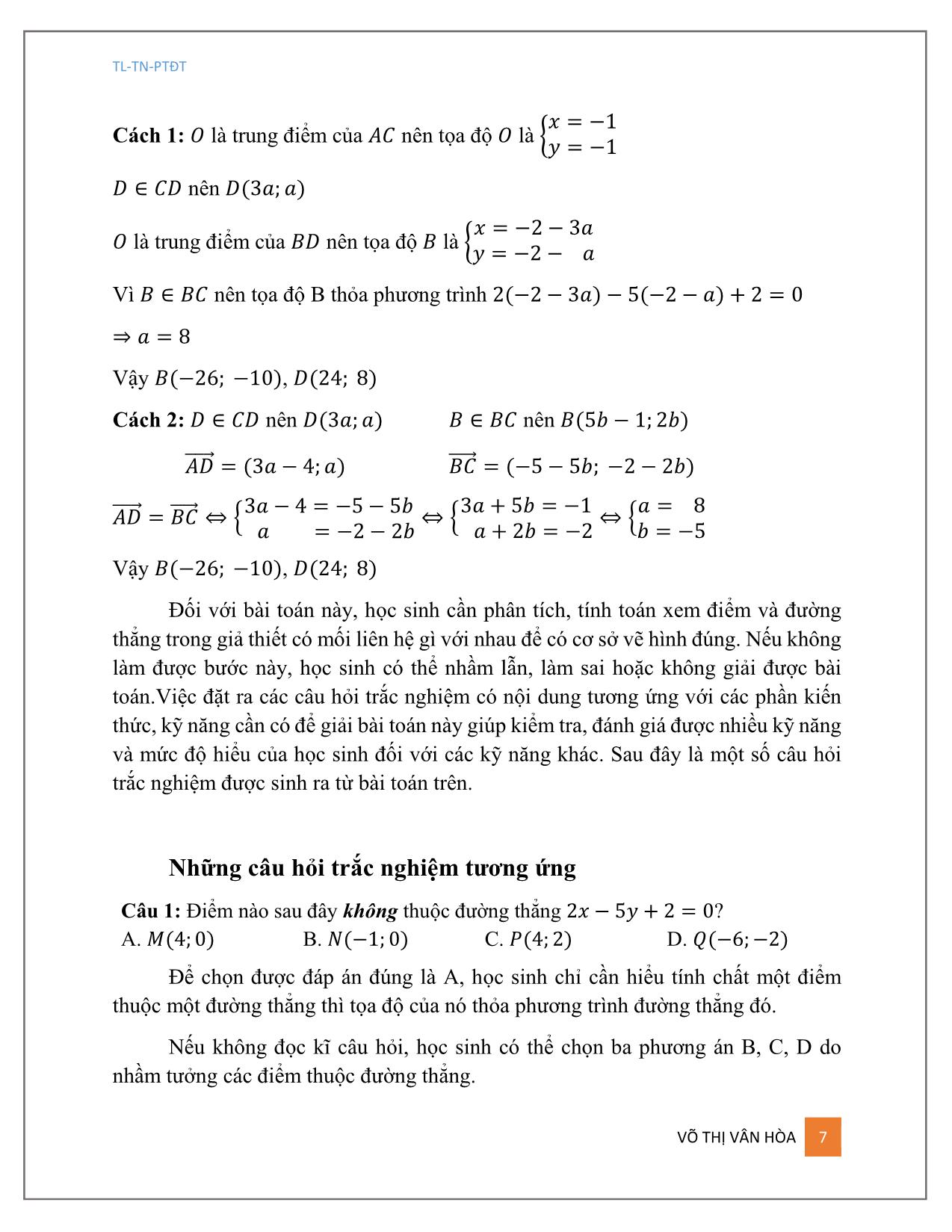 Từ câu hỏi truyền thống đến trắc nghiệm khách quan - Chủ đề: Phương pháp tọa độ trong mặt phẳng trang 8