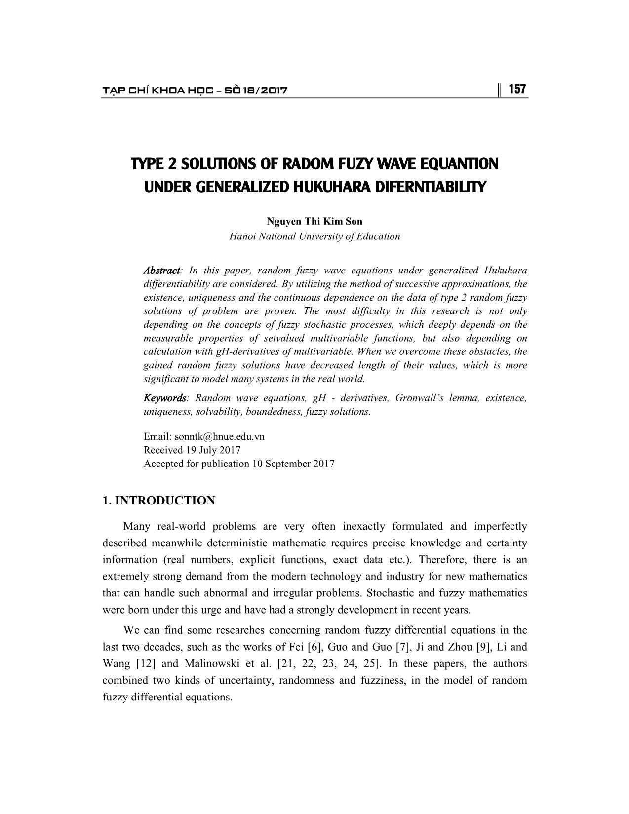 Type 2 solutions of radom fuzy wave equantion under generalized hukuhara diferntiability trang 1