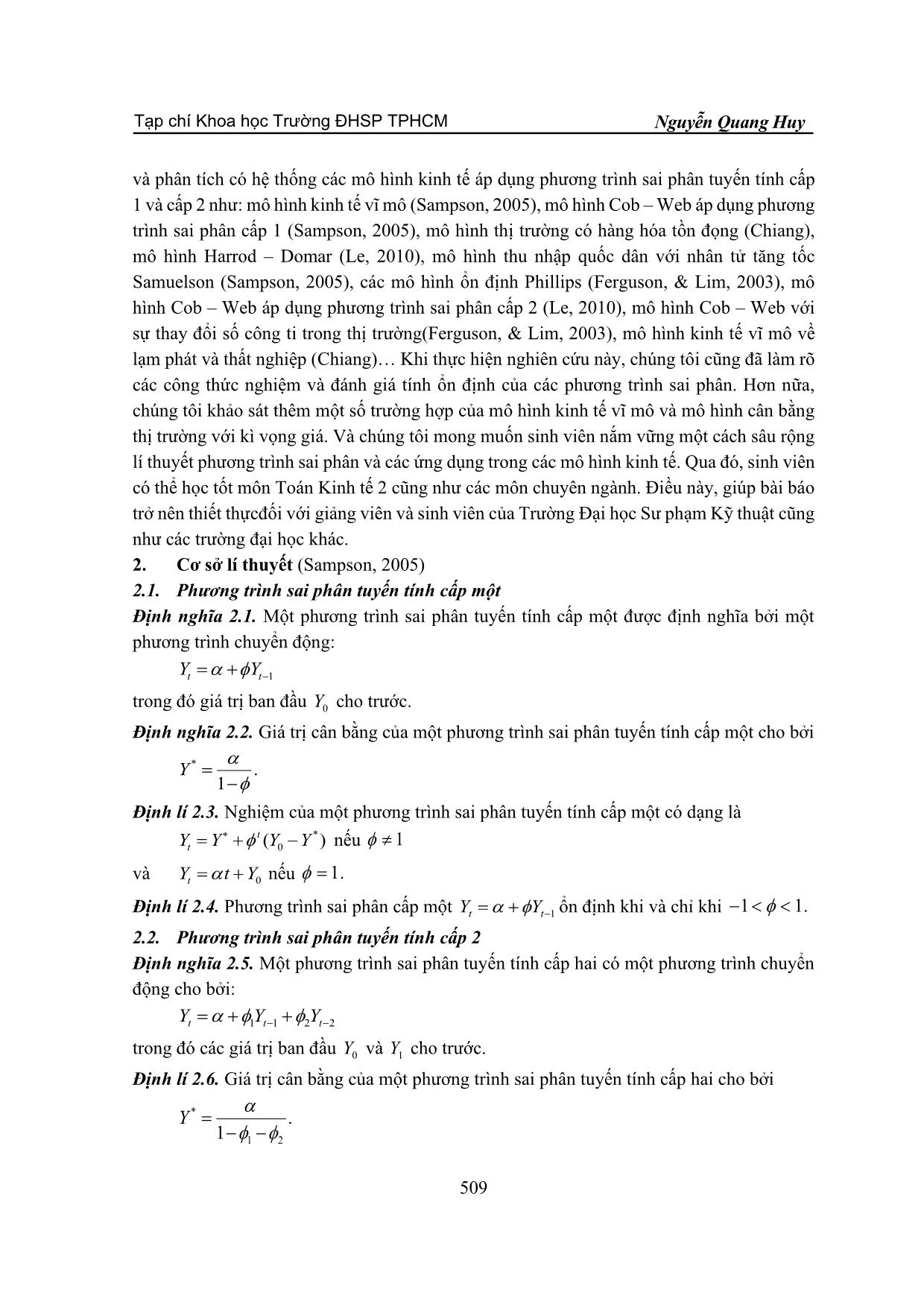 Ứng dụng phương trình sai phân trong giảng dạy một số mô hình kinh tế cho sinh viên khối ngành Kinh tế tại trường Đại học Sư phạm Kỹ thuật thành phố Hồ Chí Minh trang 2
