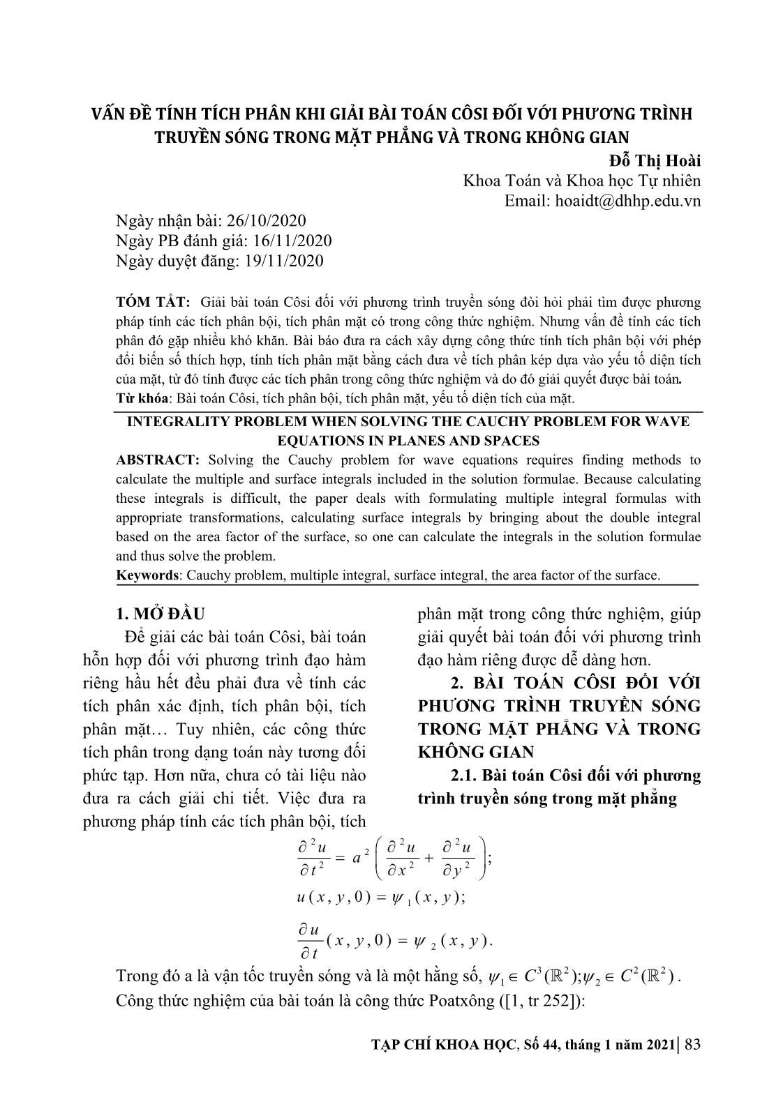 Vấn đề tính tích phân khi giải bài toán côsi đối với phương trình truyền sóng trong mặt phẳng và trong không gian trang 1