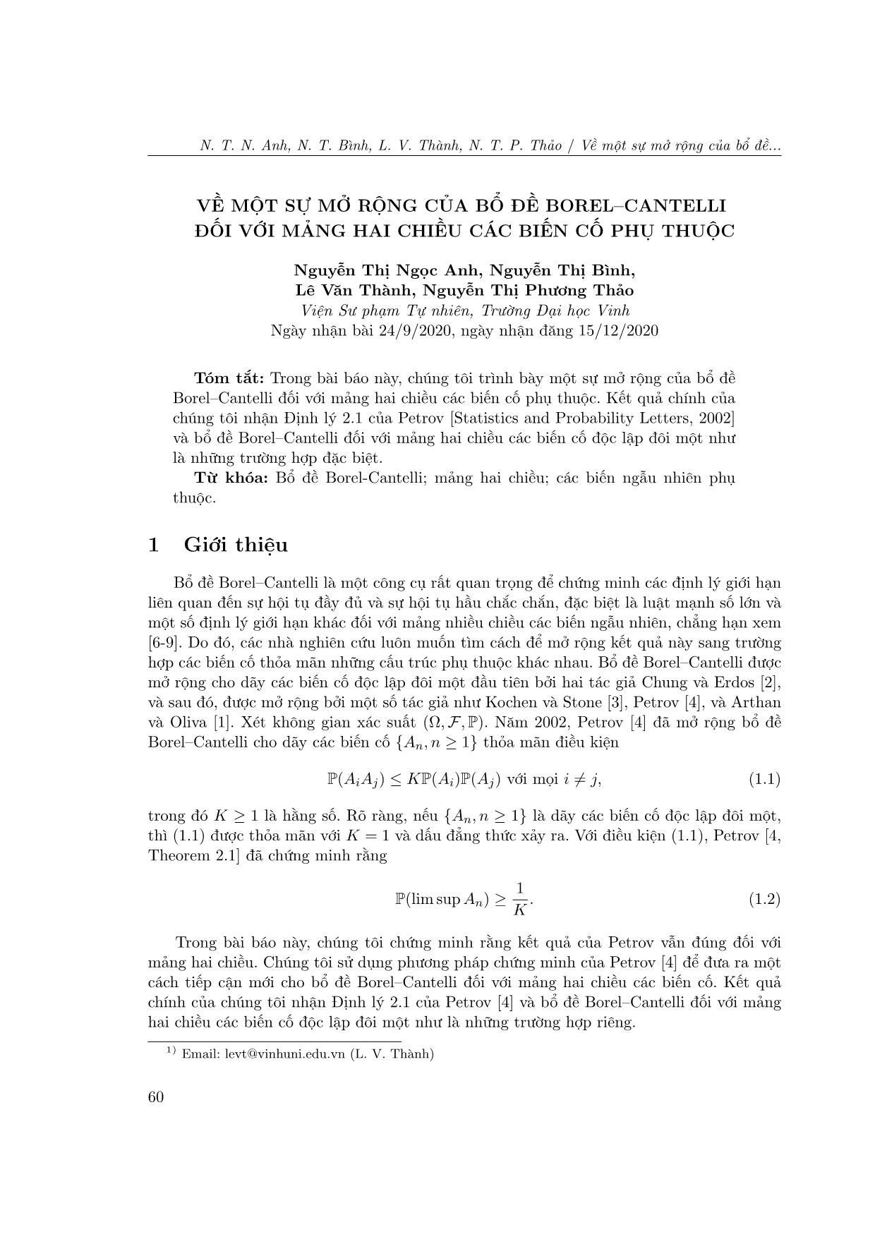 Về một sự mở rộng của bồ đề Borel-Cantelli đối với mảng hai chiều các biến cố phụ thuộc trang 1