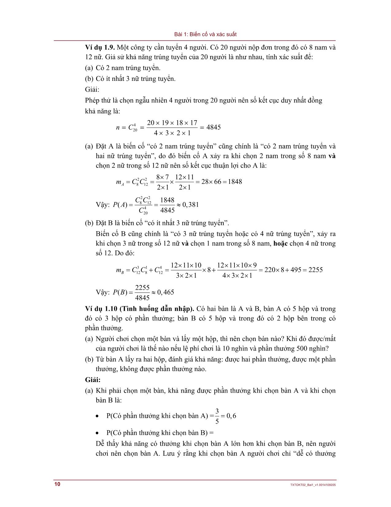Bài giảng Lý thuyết xác suất và thống kê - Bài 1: Biến cố và xác suất trang 10